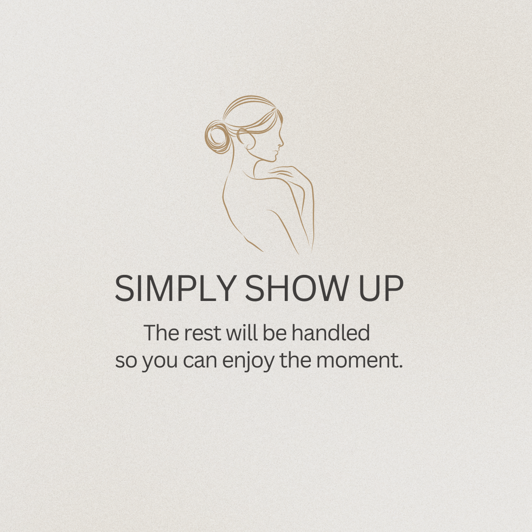 Elegant line art of a woman with text encouraging clients to simply show up for their photo session.