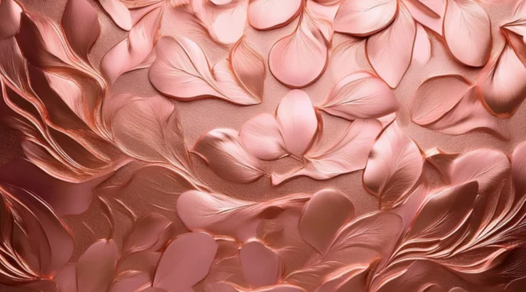 Close-up of elegant rose gold 3D embossed floral leaf pattern texture with soft pink metallic finish.