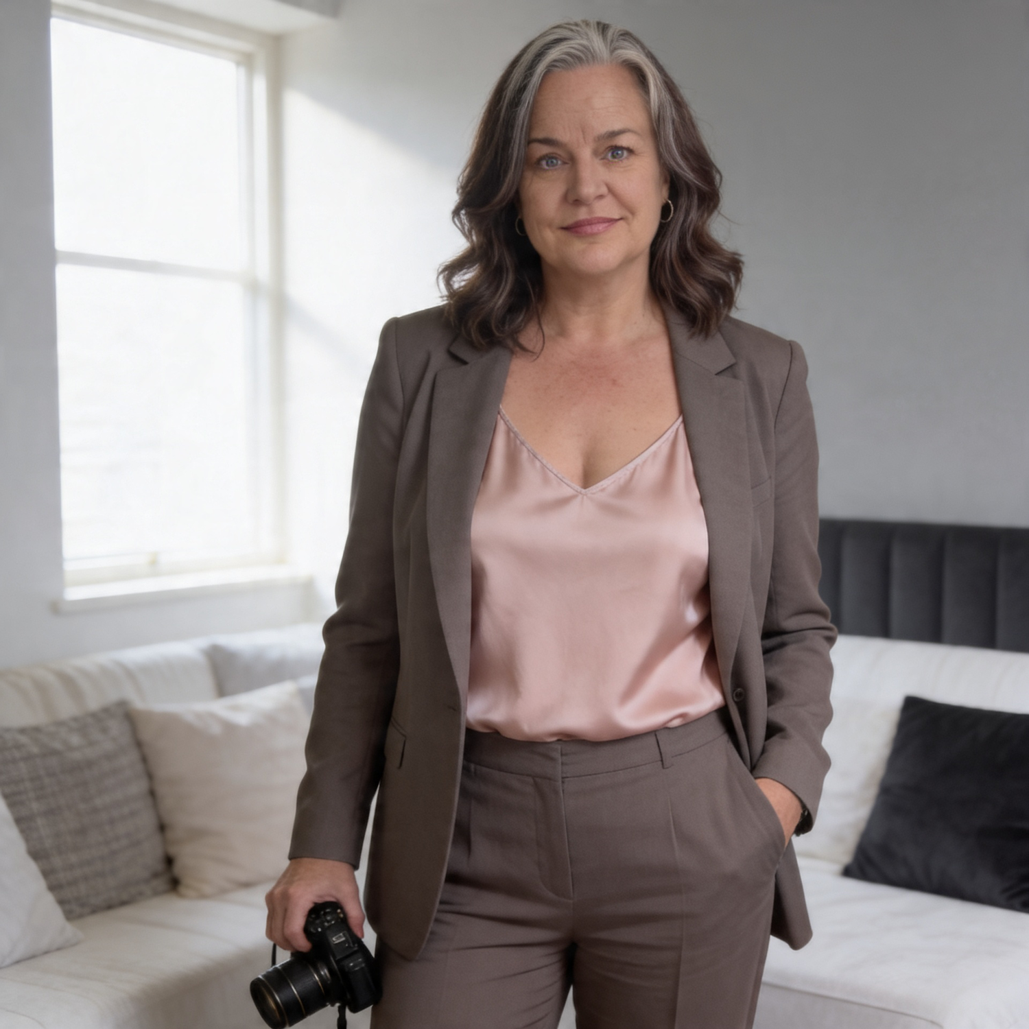 A professional woman in a brown blazer holds a camera while standing in a bright studio.