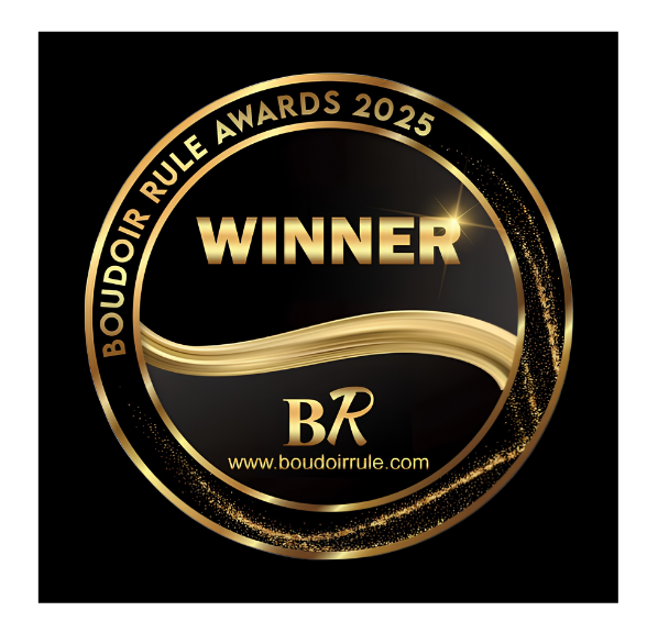 Gold and black Boudoir Rule Awards 2025 Winner medallion seal with BR logo and website URL.