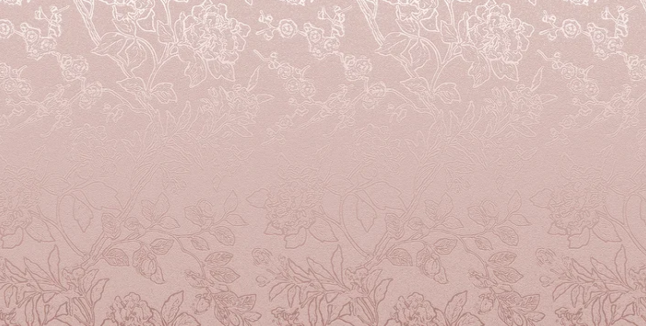 Elegant rose gold floral damask pattern with delicate lace-like flowers on a soft pink background.
