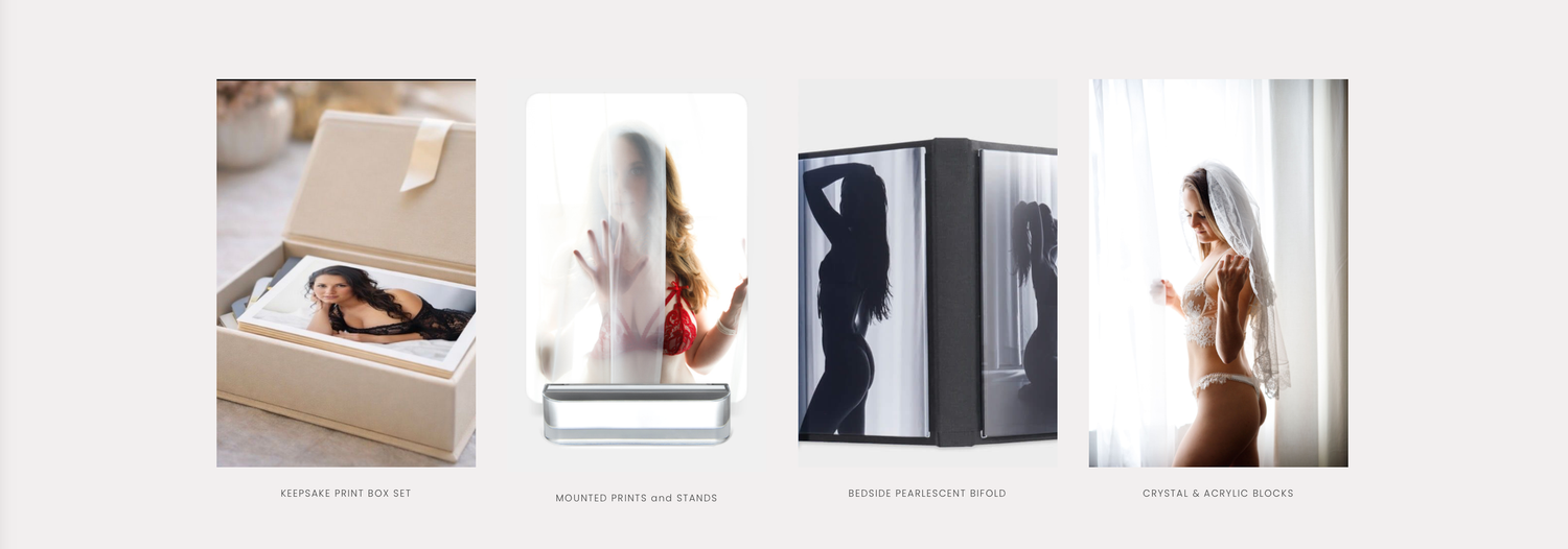 Luxury boudoir photography products including keepsake box, framed prints, and portfolio display options.
