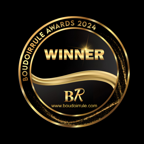 Boudoir Rule Awards 2024 Winner badge, a gold and black circular emblem with BR logo and website.