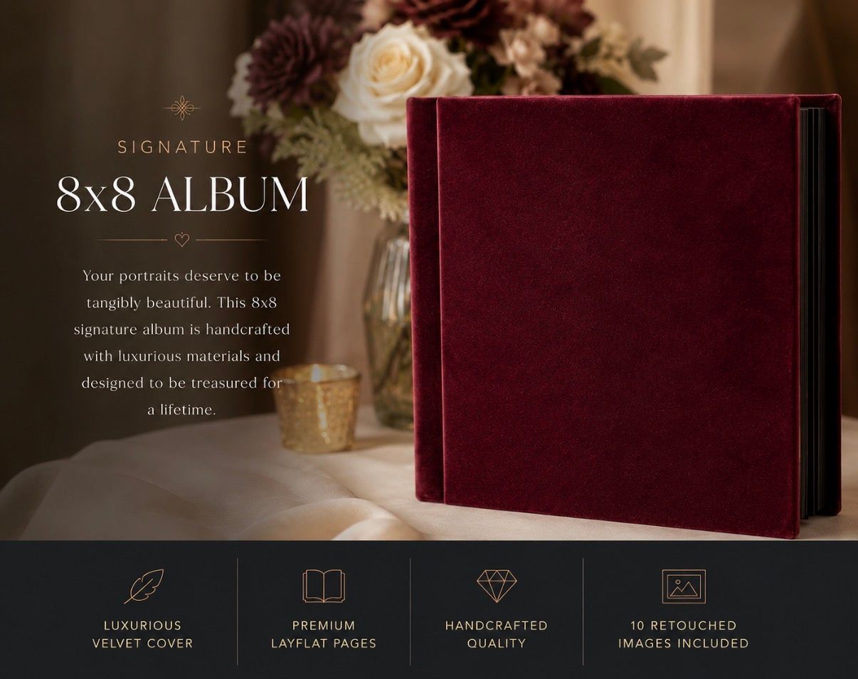 Elegant burgundy velvet 8x8 signature album with premium layflat pages and 10 retouched images included.