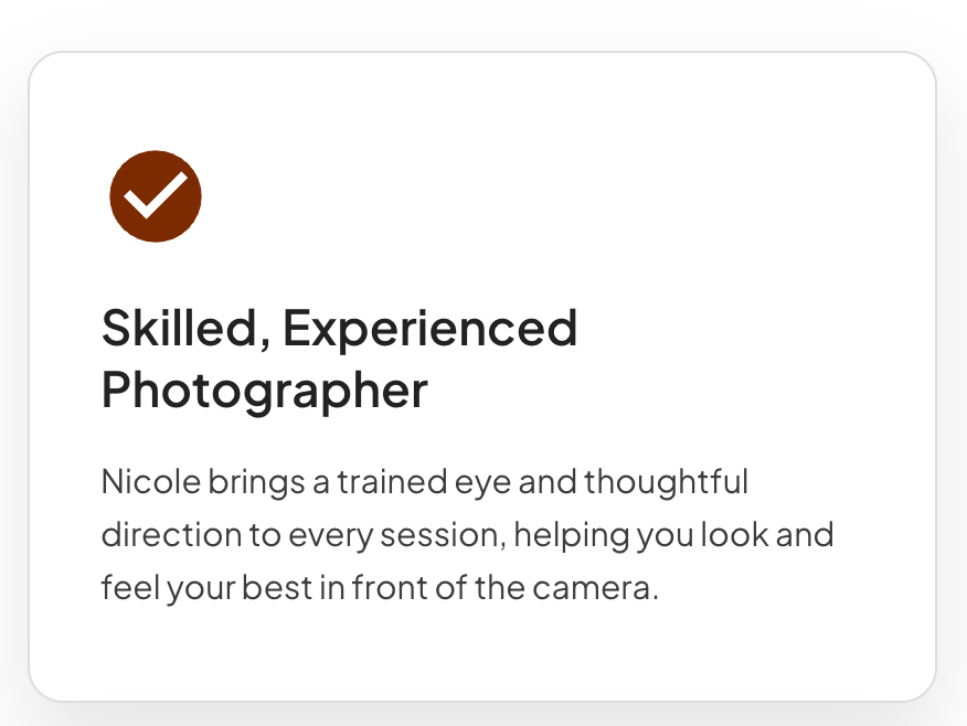A card highlighting Nicole as a skilled, experienced photographer with a brown checkmark icon on a white background.