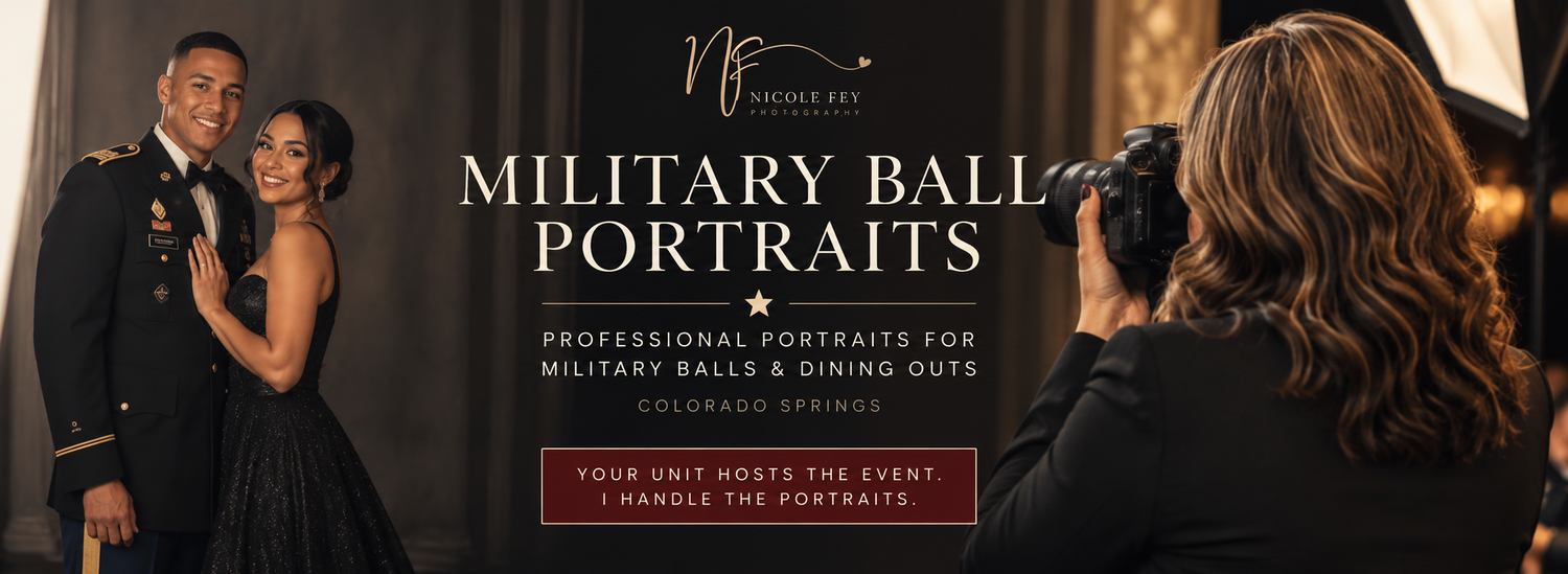 Nicole Fey photographing a couple in formal military attire at a military ball in Colorado Springs.