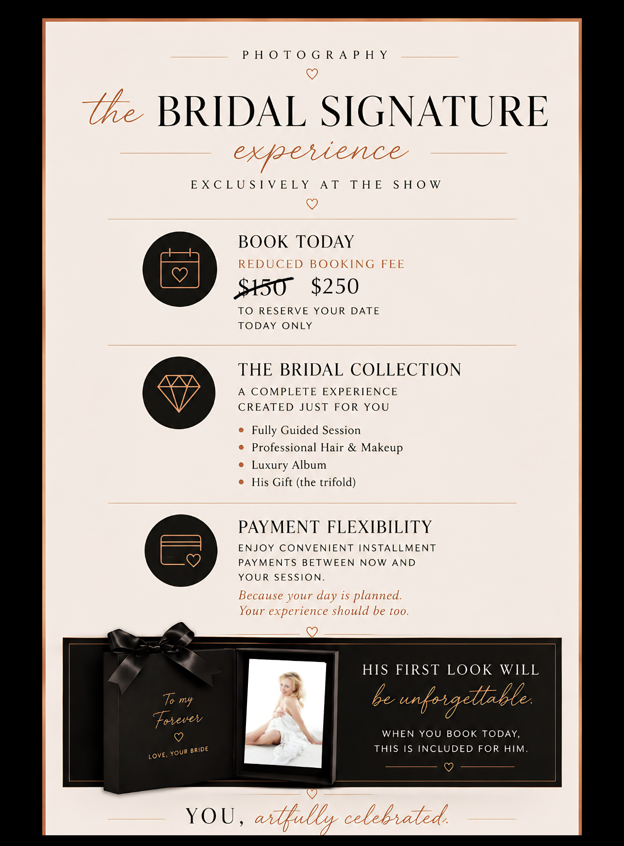 Elegant bridal photography package flyer featuring booking details, luxury collection services, and payment flexibility options.