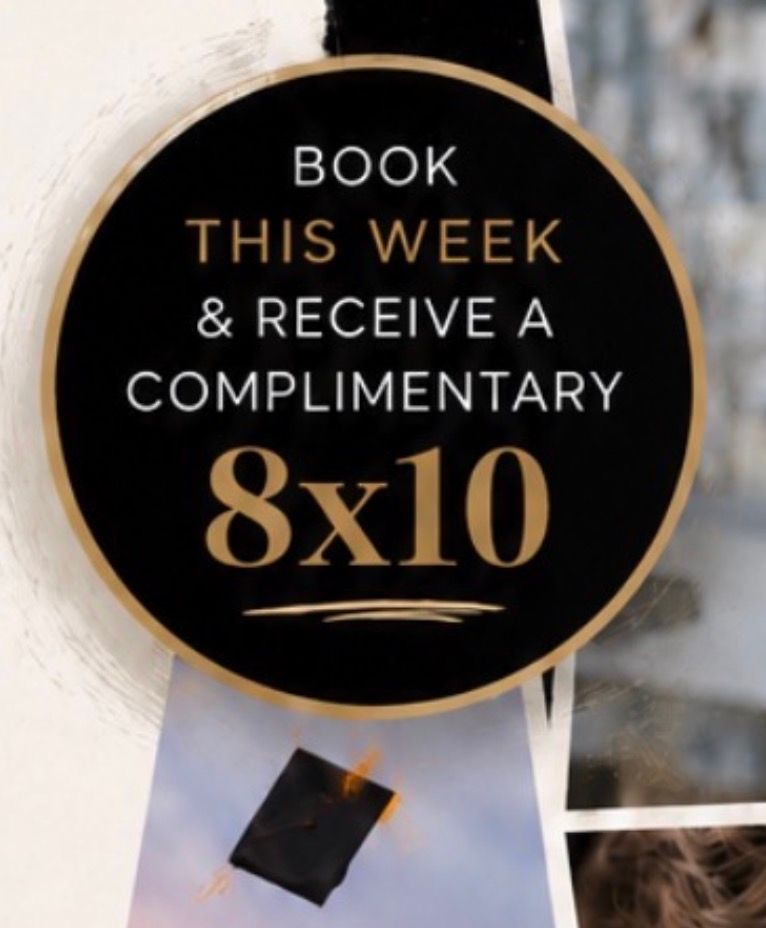 Graduation photo promotion offering a complimentary 8x10 print when booked this week, with a mortarboard in background.
