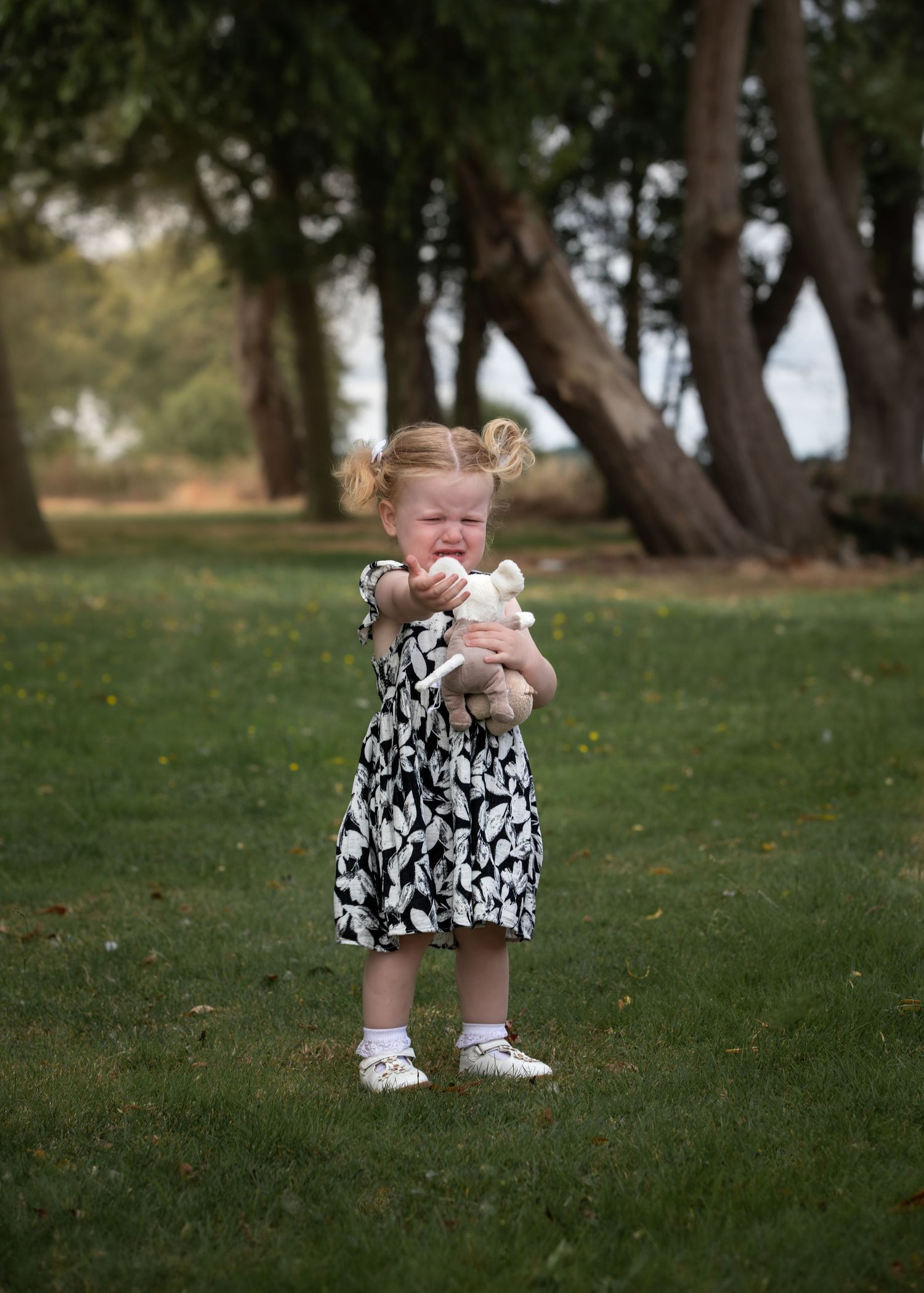 Crying toddler girl in black and white floral dress holding stuffed animal toy standing on green grass in park.