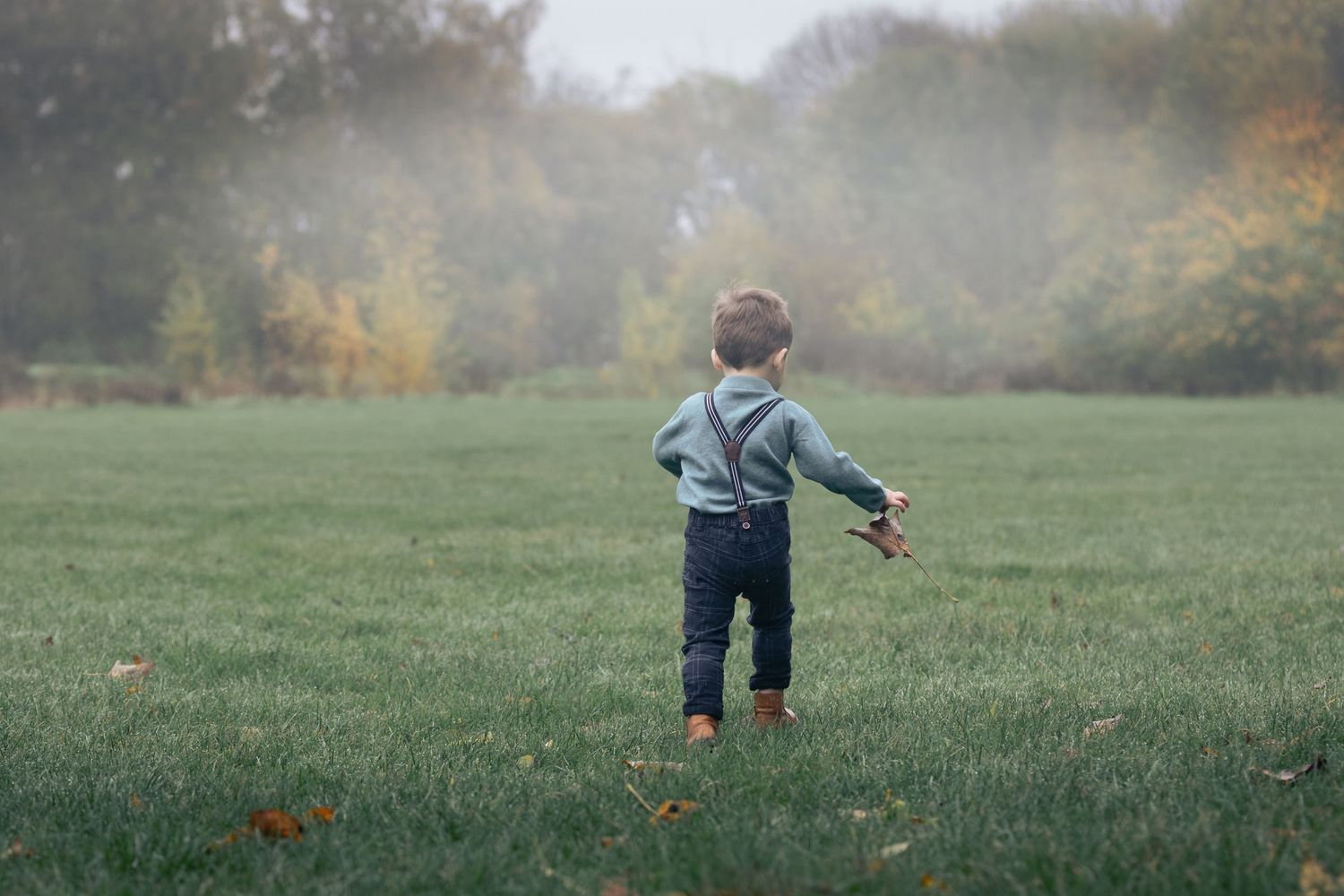 Young boy in suspenders walking alone across a misty green field in autumn.