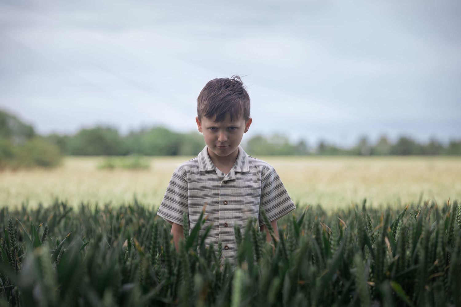 Young boy standing in a lush green wheat field under a cloudy sky, looking down thoughtfully.
