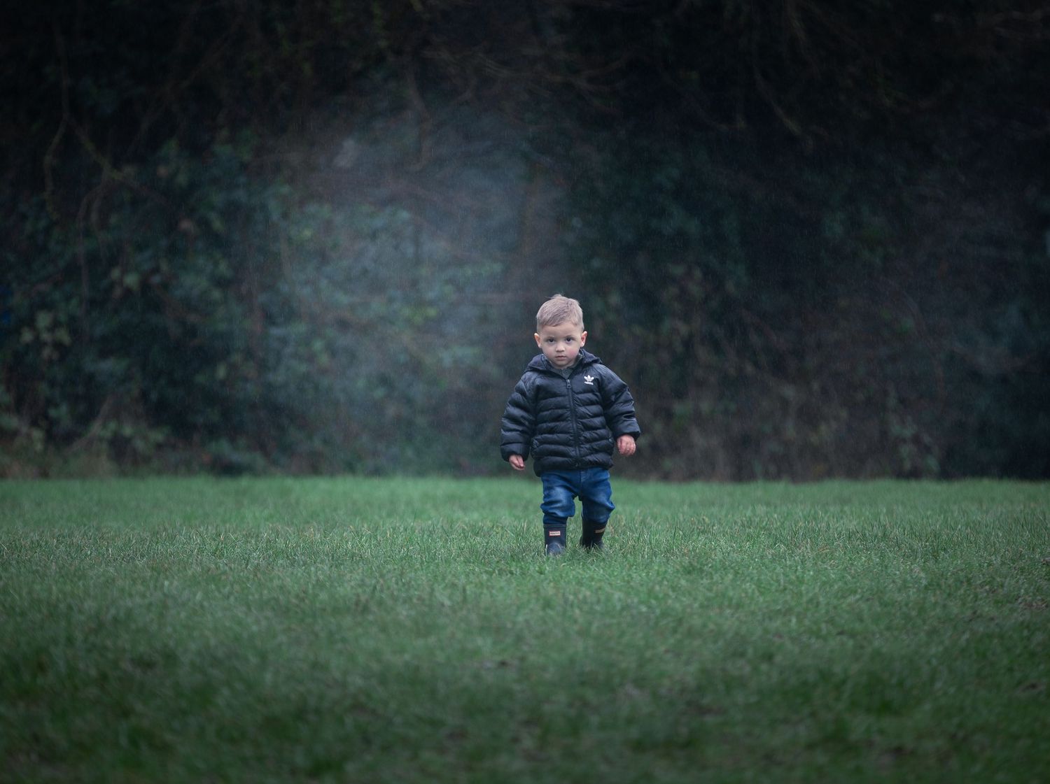 Toddler boy in navy jacket walking alone across a green field with dark trees behind.

Sutton Village Hull
