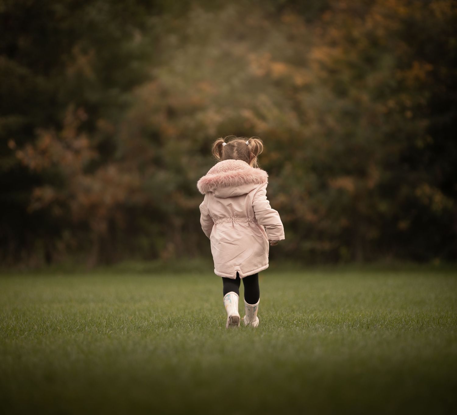 Young girl in pink coat and pigtails running across green grass toward autumn trees.

Sutton Village Hull