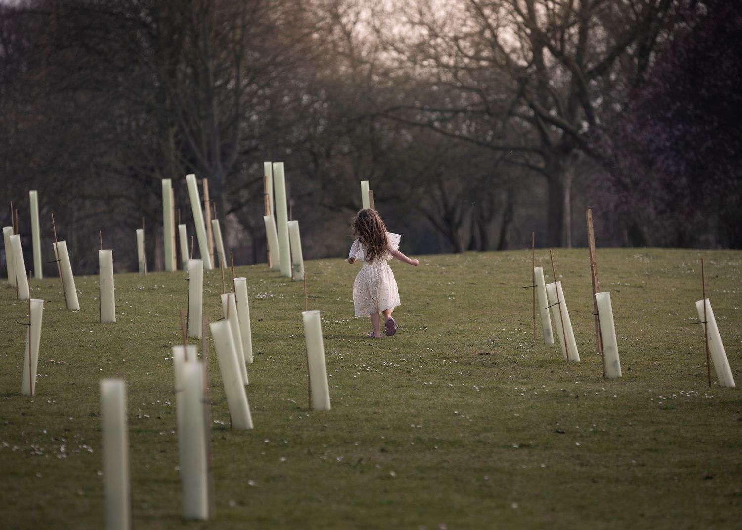 Young girl in white dress running through a field with tree guards.

East Park Hull