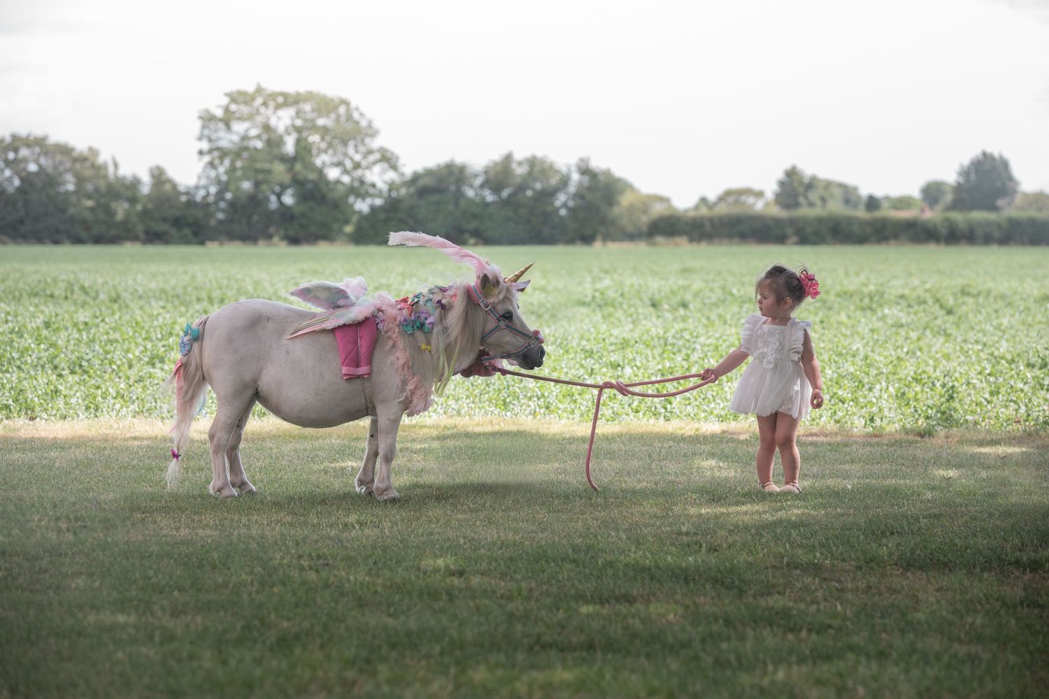 A young girl leads a decorated miniature pony dressed as a unicorn across a green field.
