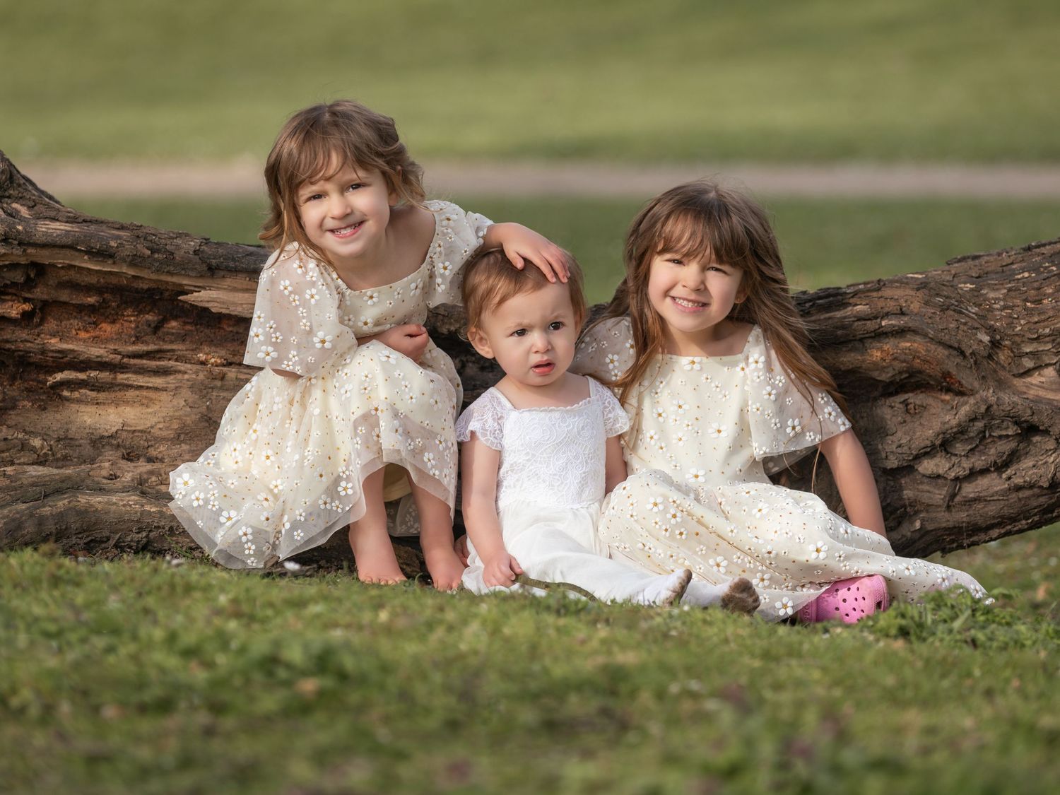 Three young sisters in white lace dresses sitting together by a fallen log in a park.

East Park Hull