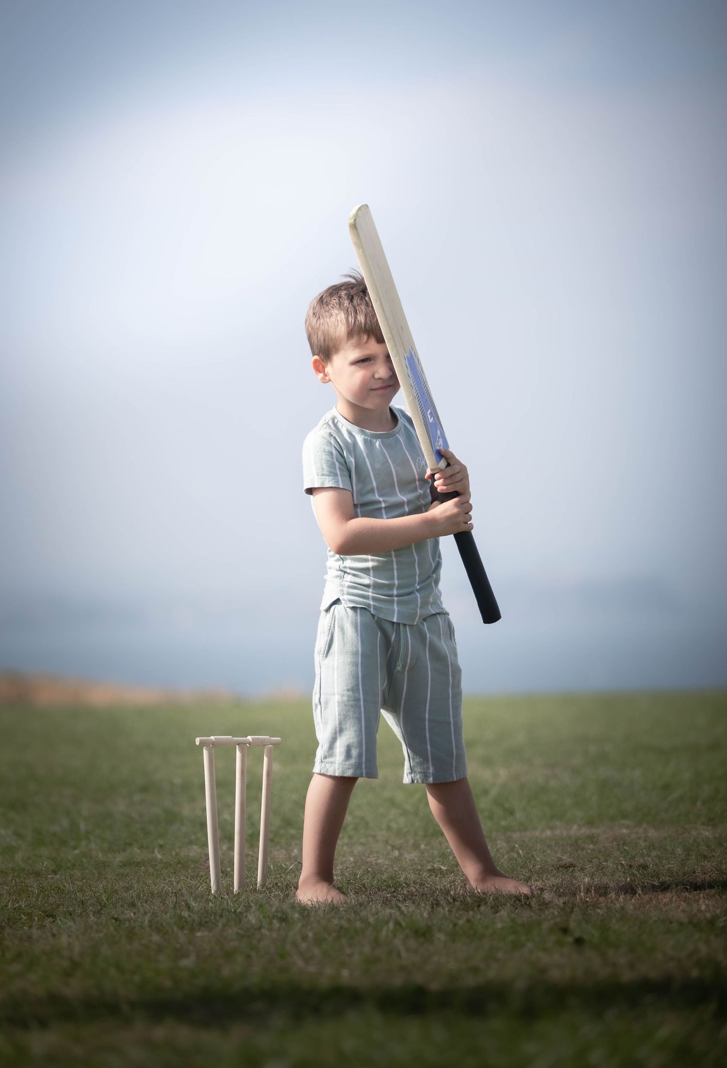 Young boy playing cricket, holding a bat in batting stance near wickets on a green grass field.