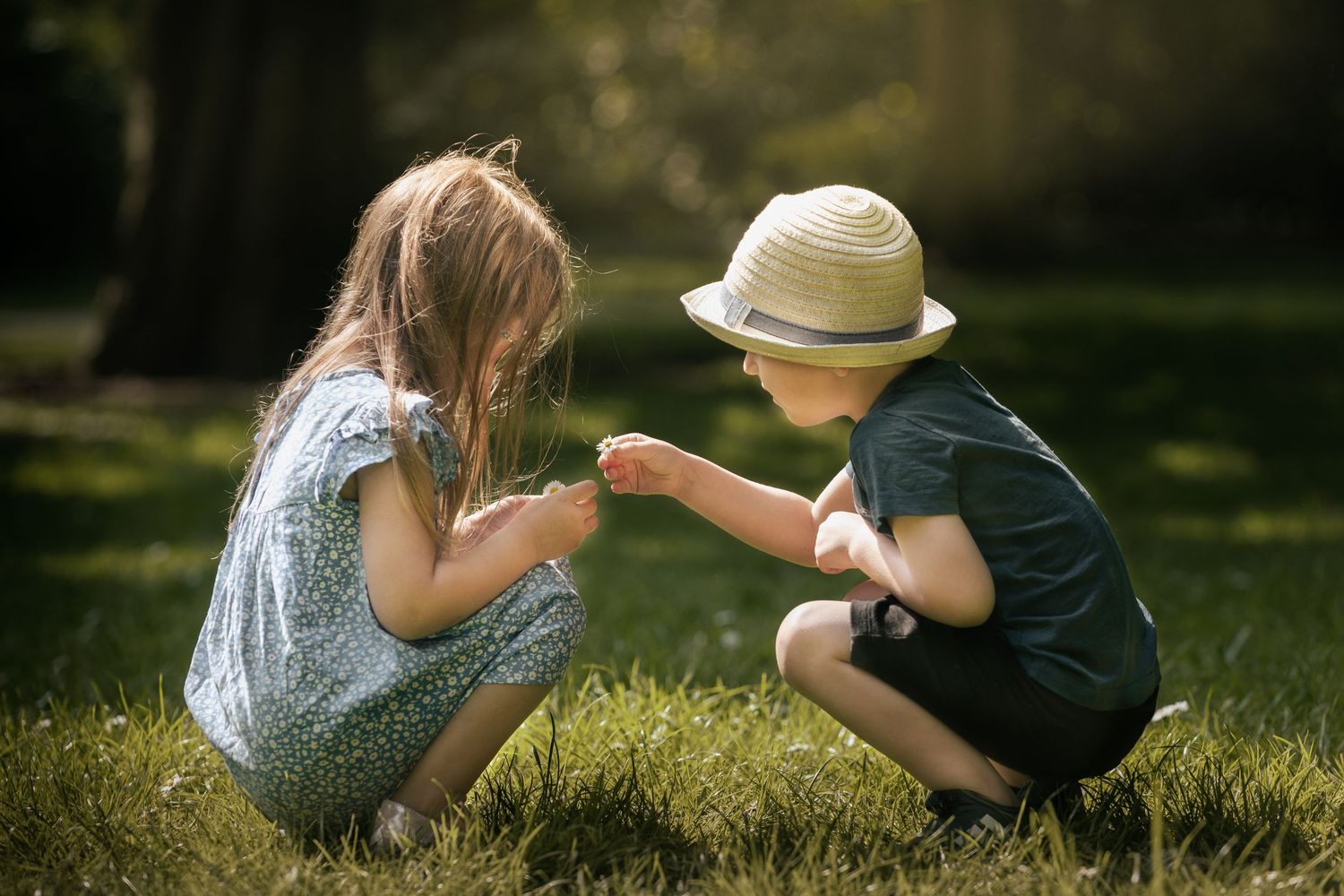 Two young children crouching on green grass in sunlight, examining a small flower together outdoors.