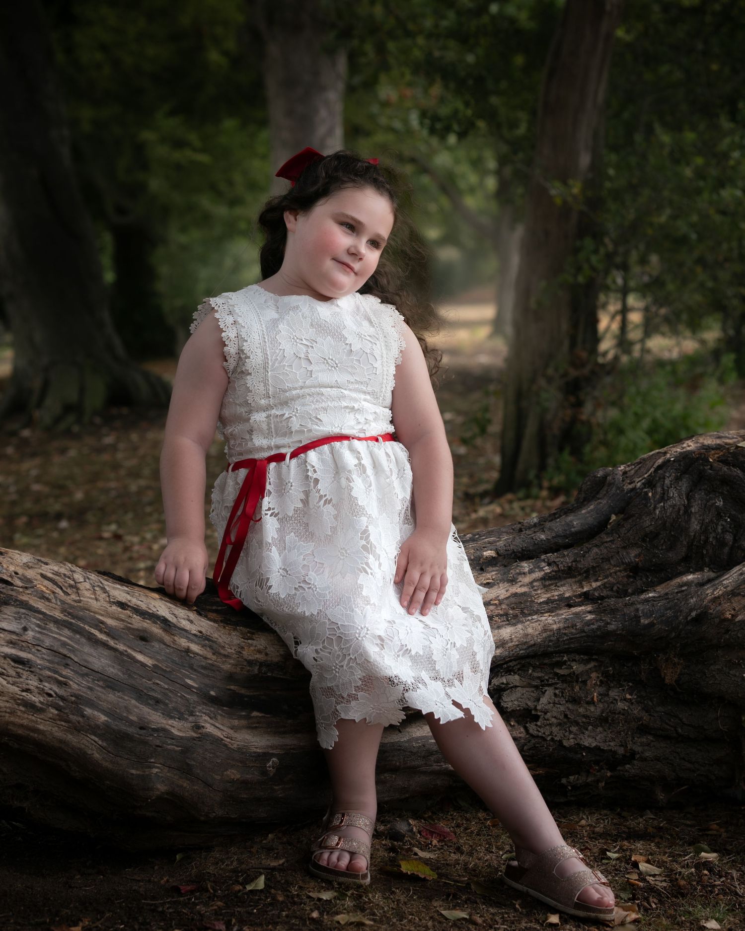 A young girl in a white lace dress with red sash sits on a log in a forest setting.
