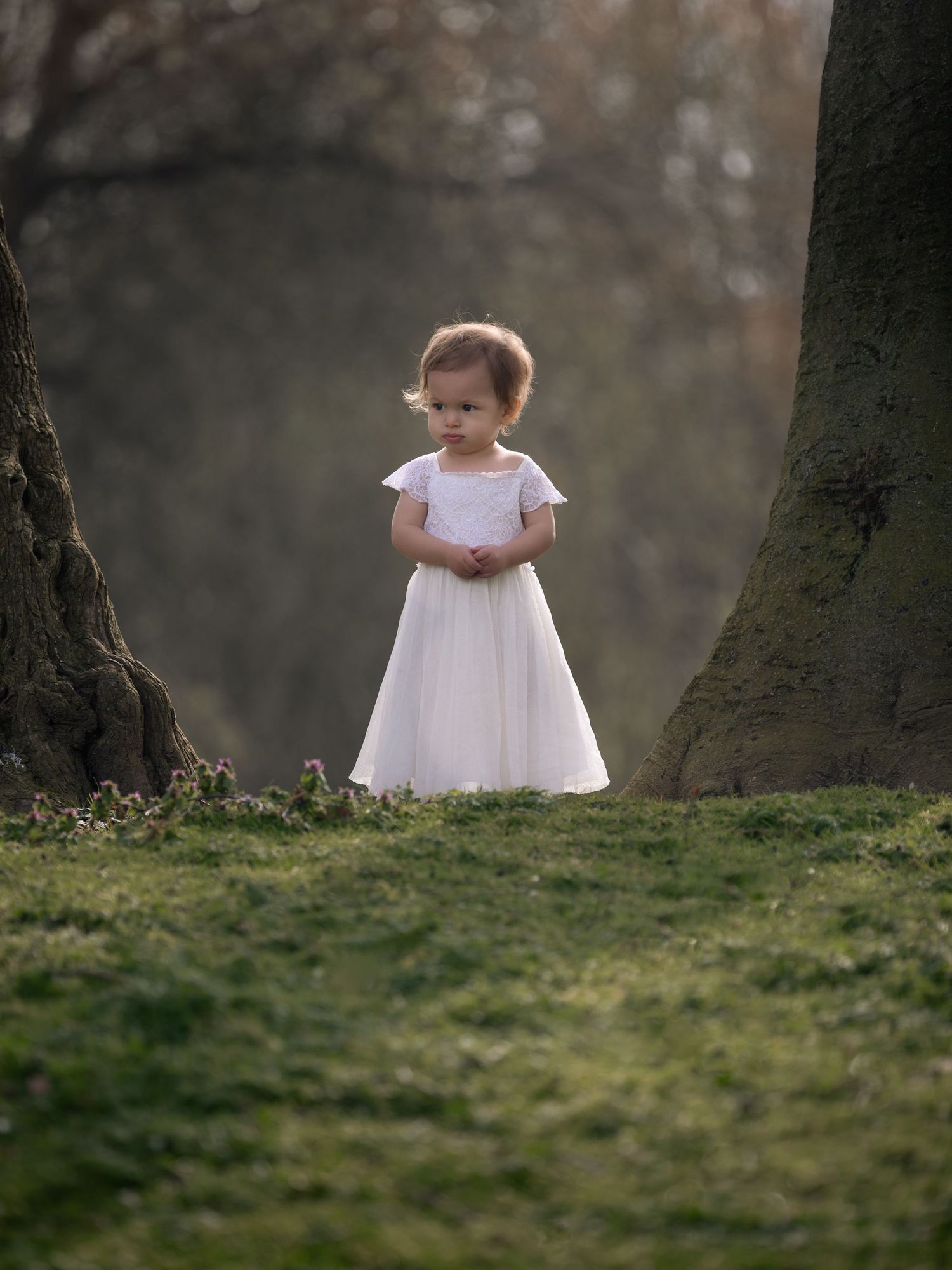 Toddler girl in white dress standing between two trees in a serene woodland setting.

East Park Hull