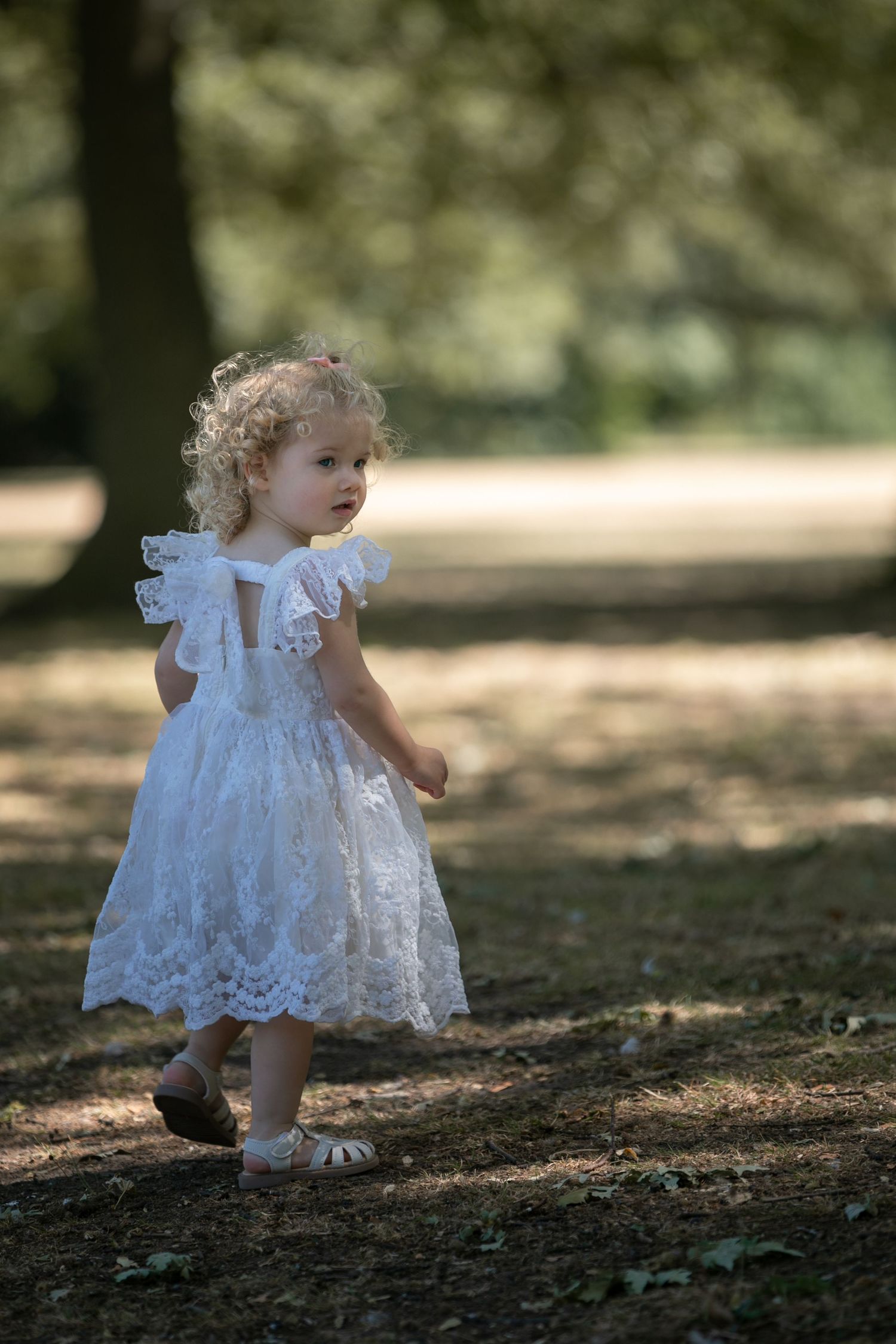Toddler girl in white lace dress with curly blonde hair walking through a sunlit park path.