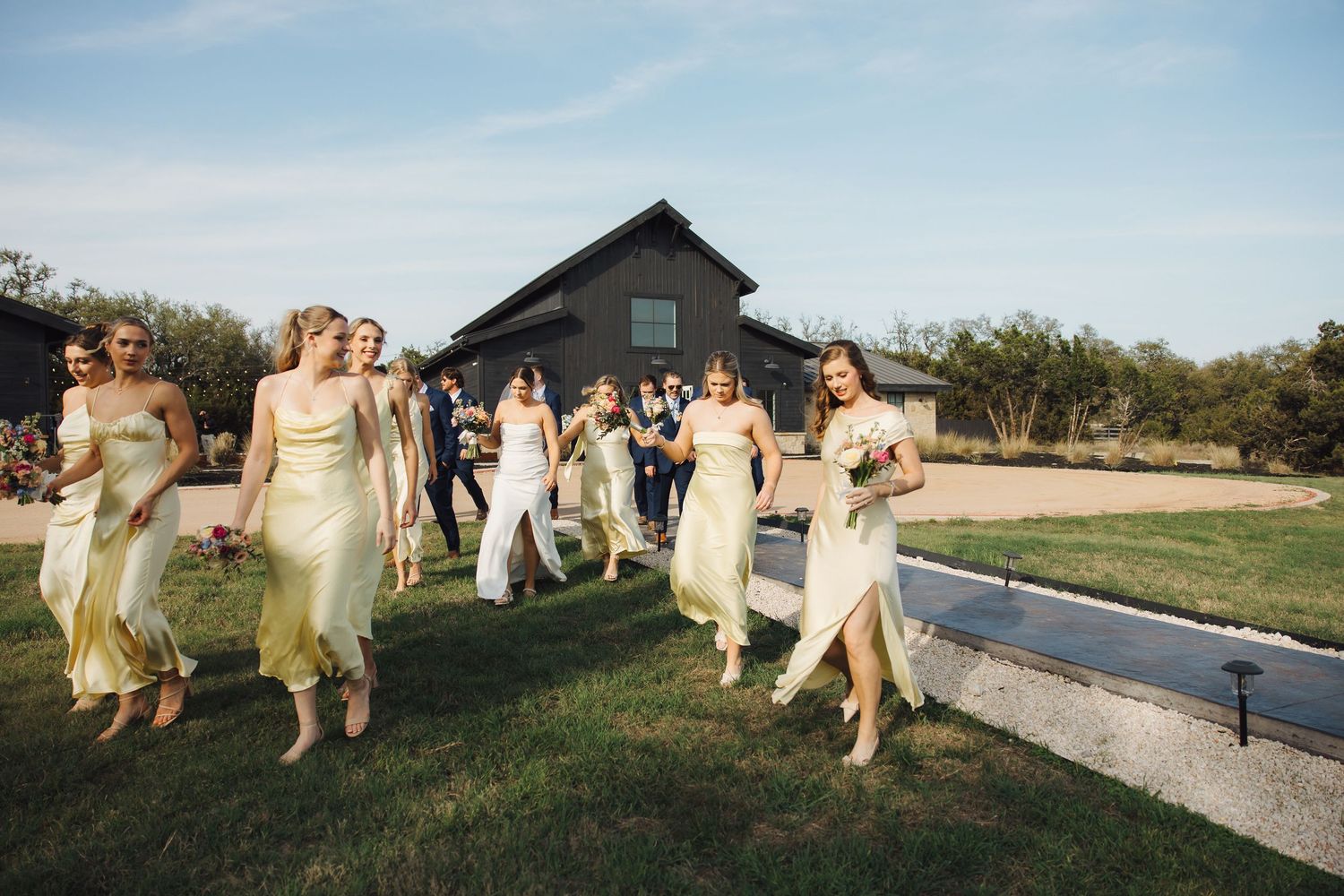 Six coordinated photos of wedding party members in cream dresses running and laughing together on a sunny outdoor path.