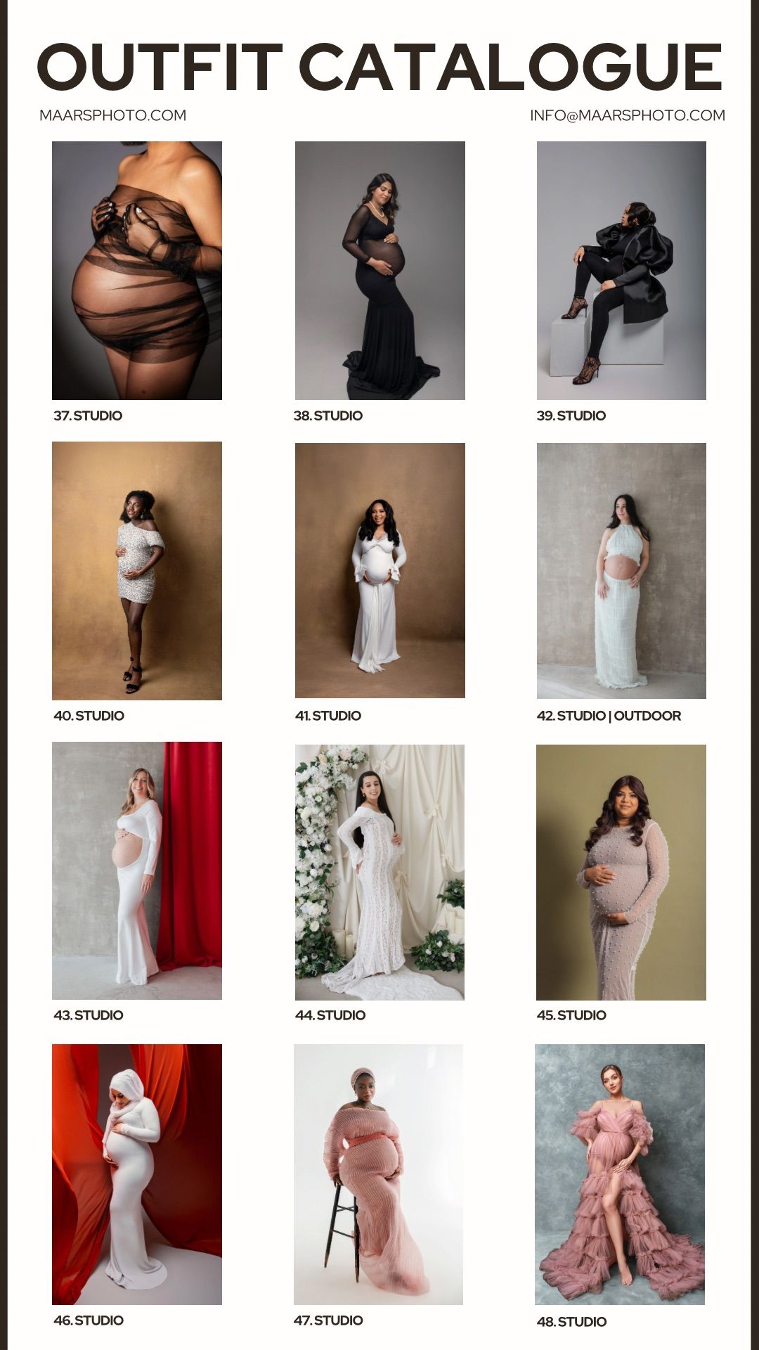 Maternity photography outfit catalogue pages 37-48 featuring elegant gowns in black, white, and pink.