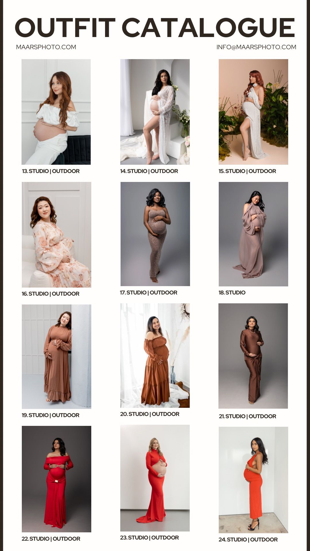 Maternity photography outfit catalogue pages 13-24 featuring floral, nude, brown, and red maternity gowns.