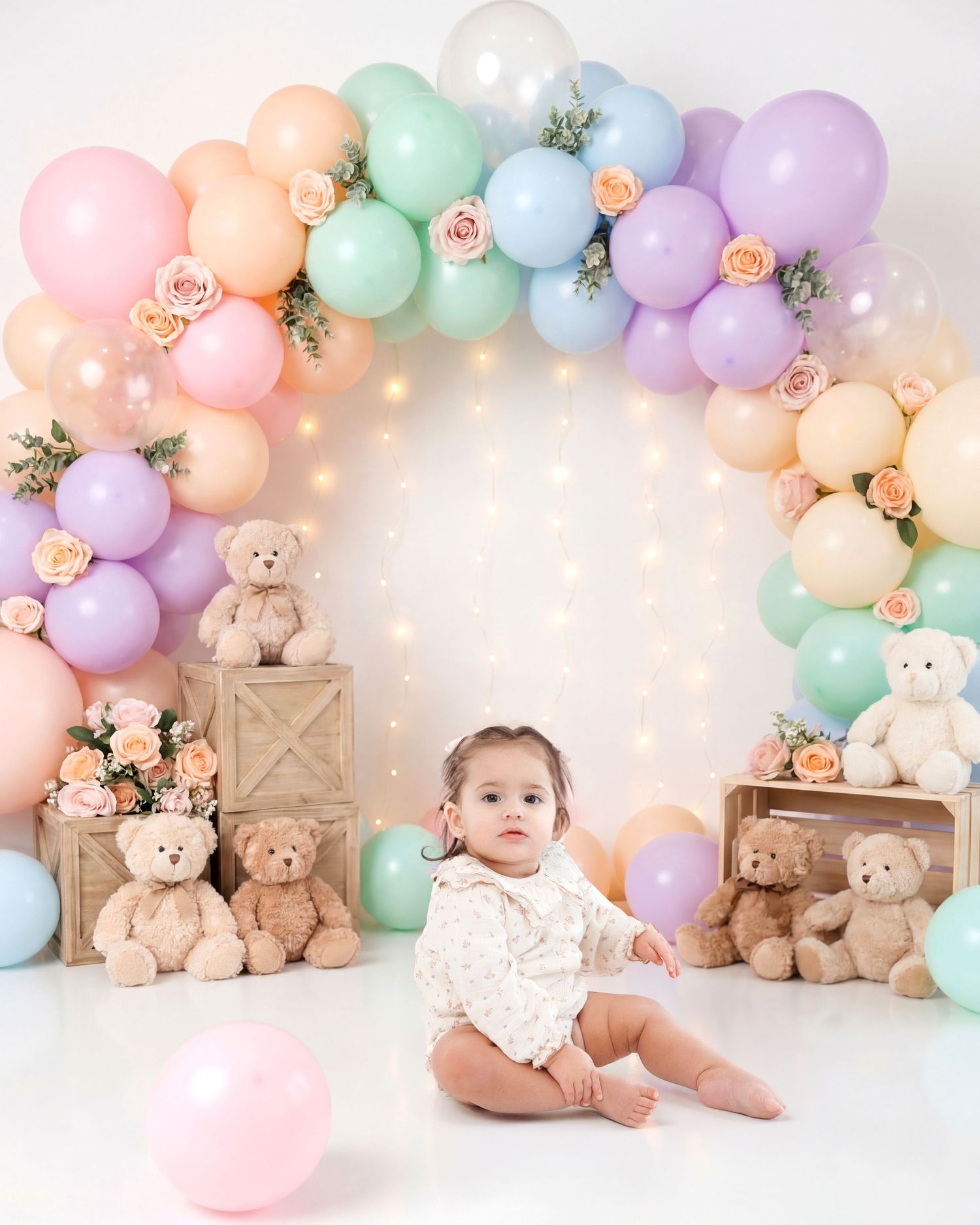 Baby girl sits before a pastel balloon arch with teddy bears and roses at a first birthday cake smash photo session.