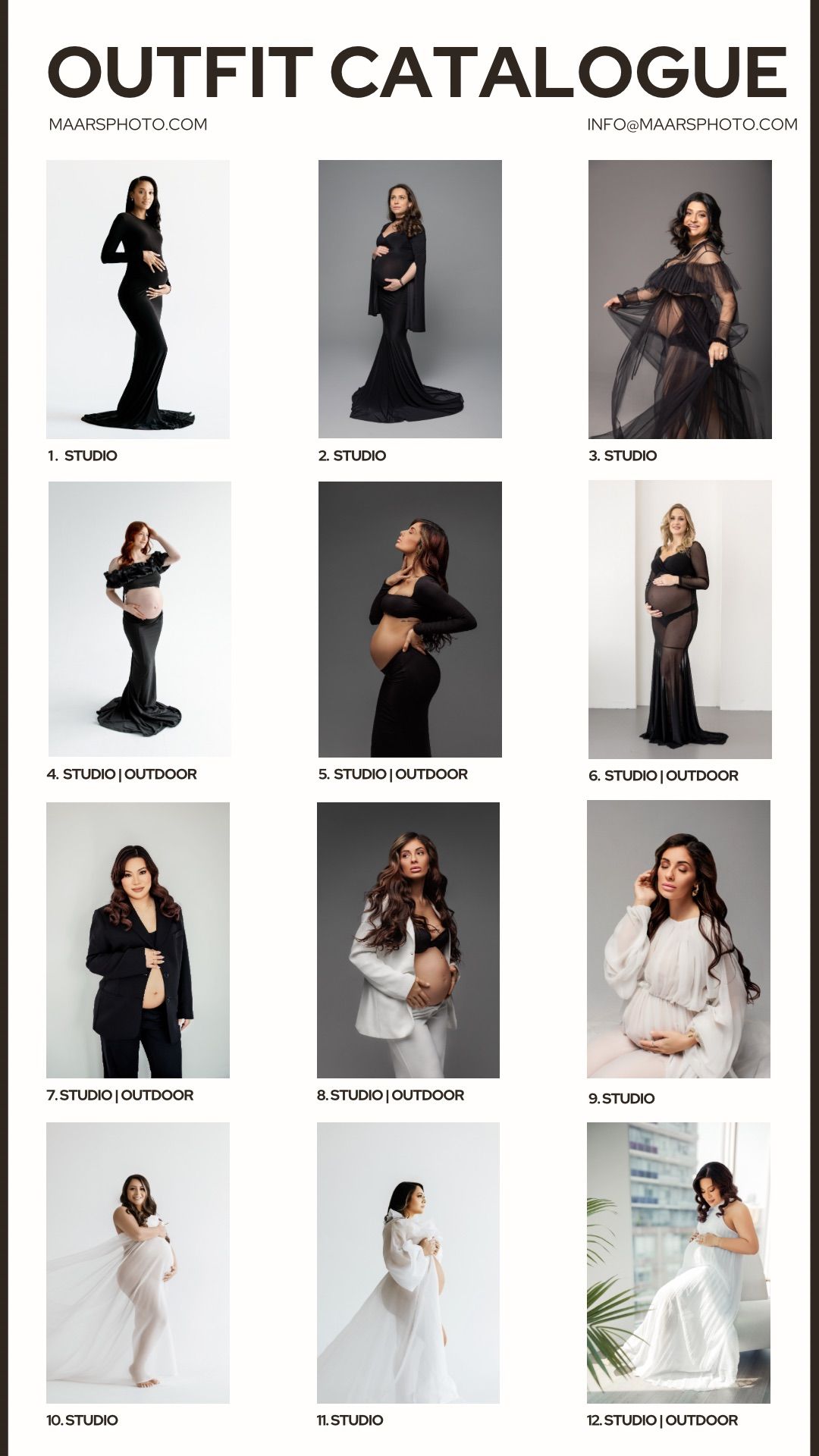 Maternity photography outfit catalogue pages 1-12 featuring elegant black, white, and sheer gowns.