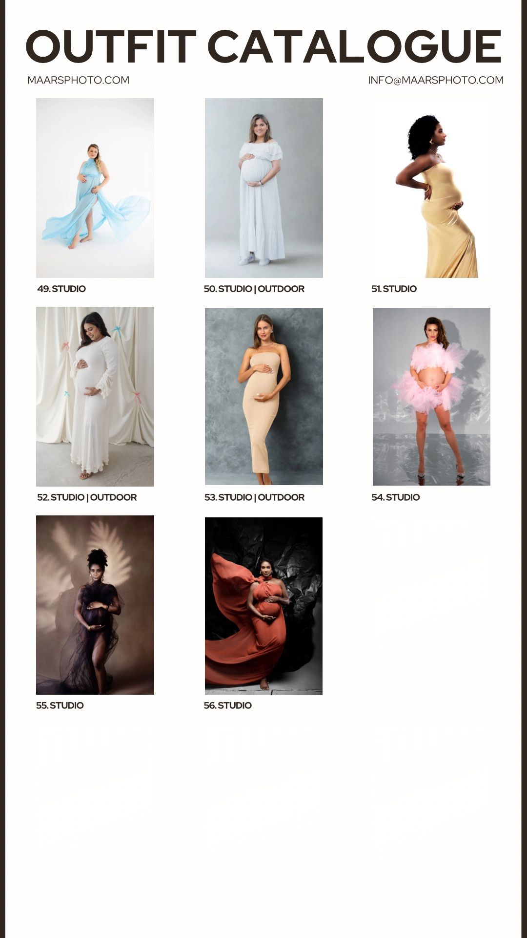 Maternity photography outfit catalogue pages 49-56 featuring white, gold, peach, and mauve maternity gowns.