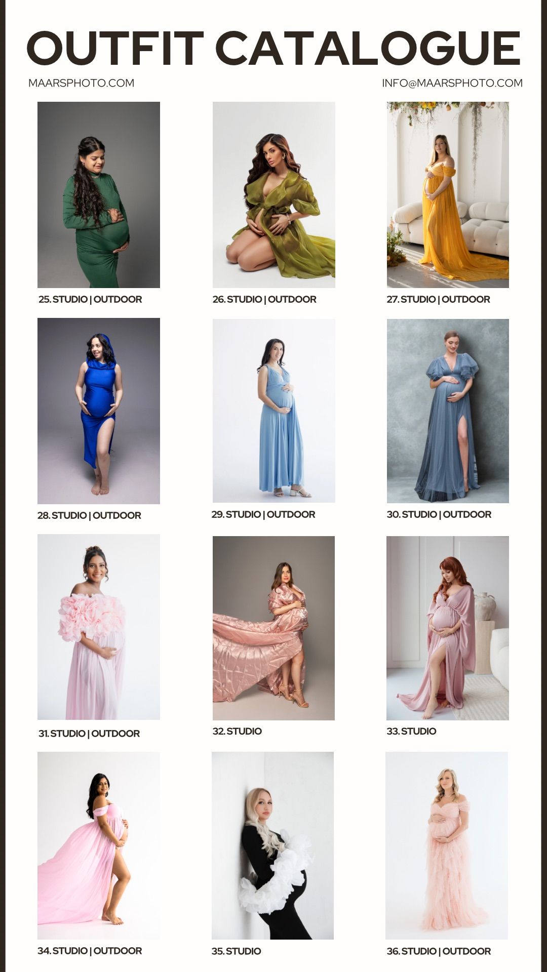 Maternity photography outfit catalogue pages 25-36 featuring green, gold, blue, and pink maternity gowns.
