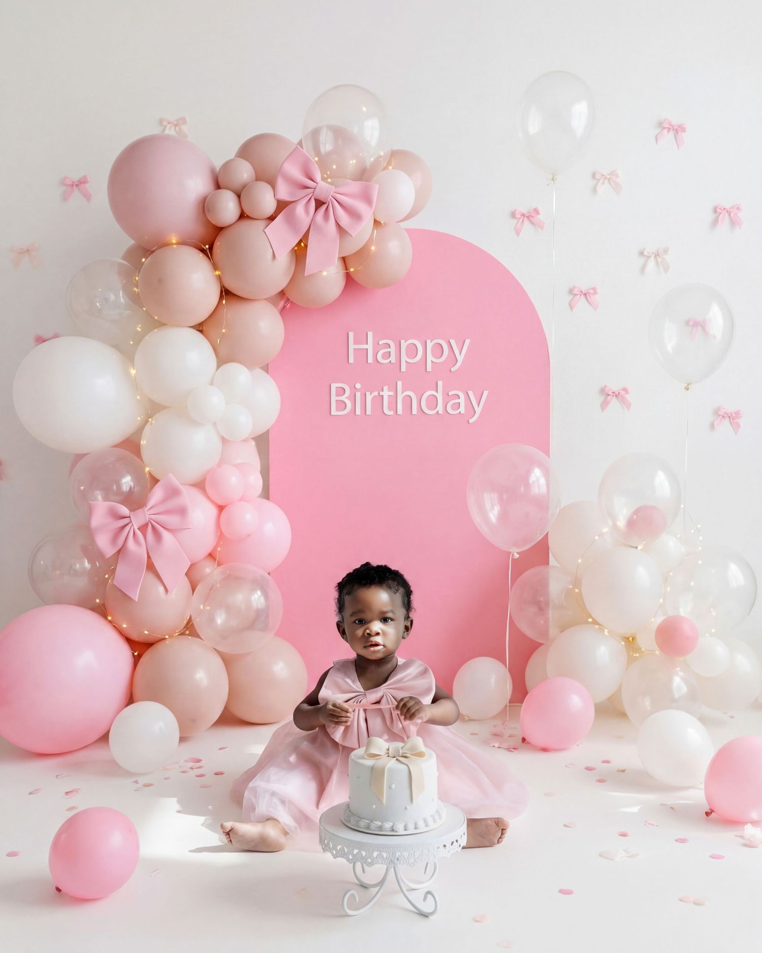Baby girl in pink dress sits before a Happy Birthday arch with pink and white balloon garland and small cake.
