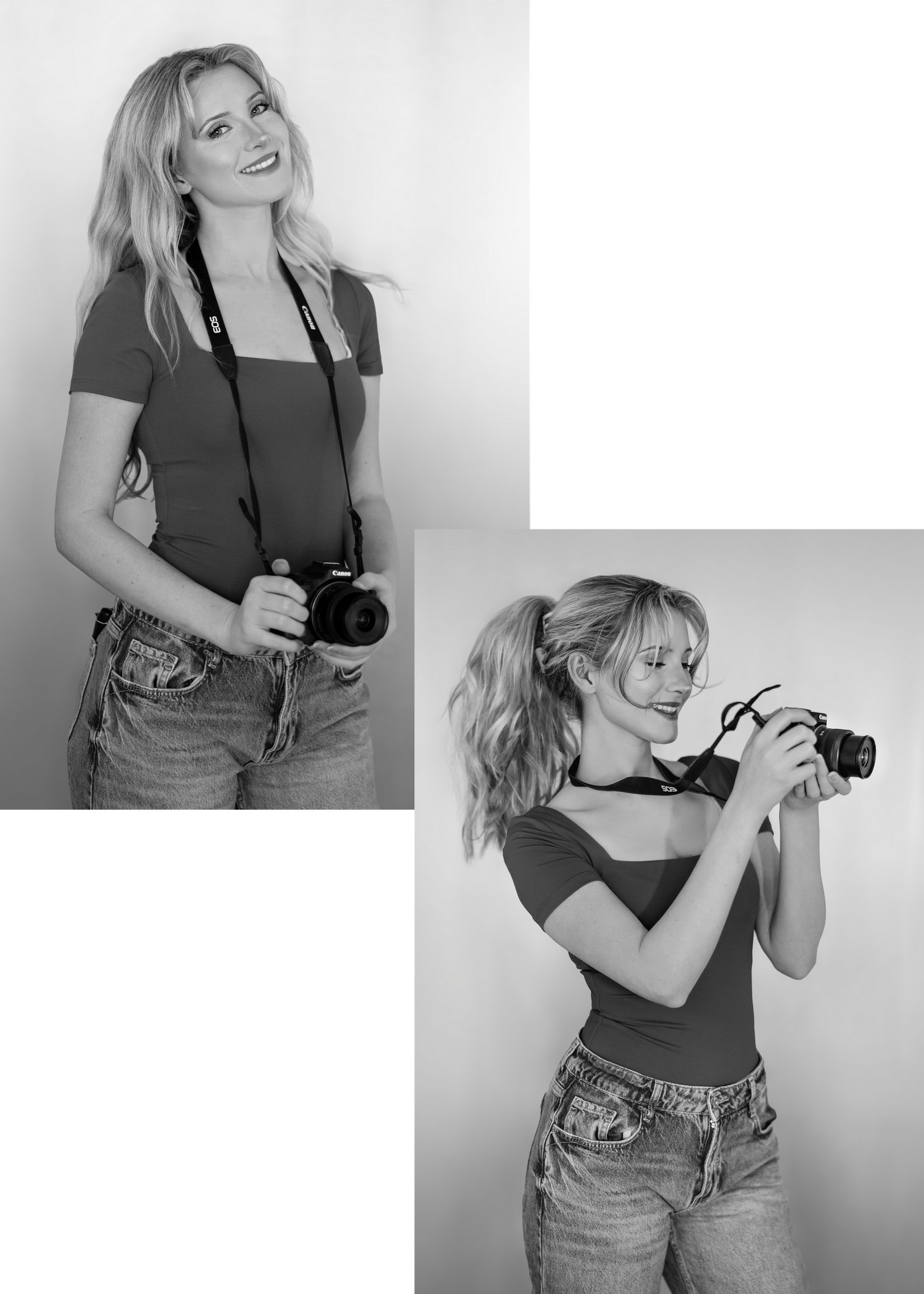 Black and white professional photography poses with camera equipment.