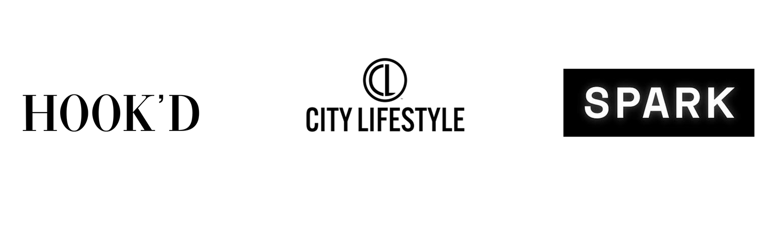 Three company logos showing Hook'd, City Lifestyle, and Spark branding in black and white.