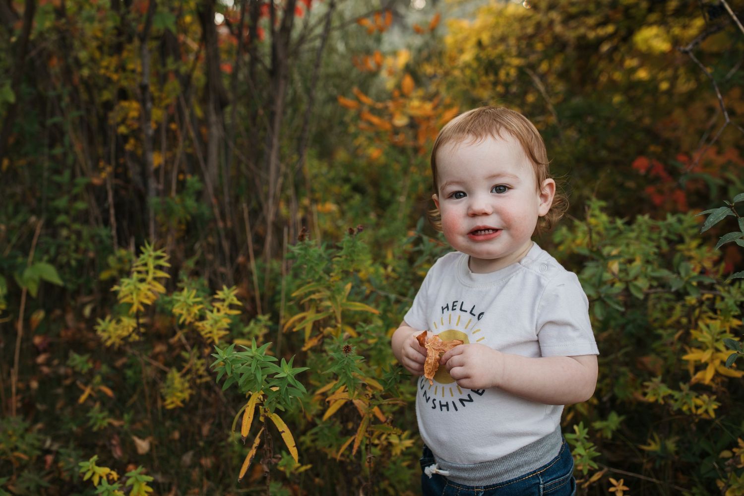 Toddler exploring colorful fall foliage during a family photography session in Boise, Idaho.
