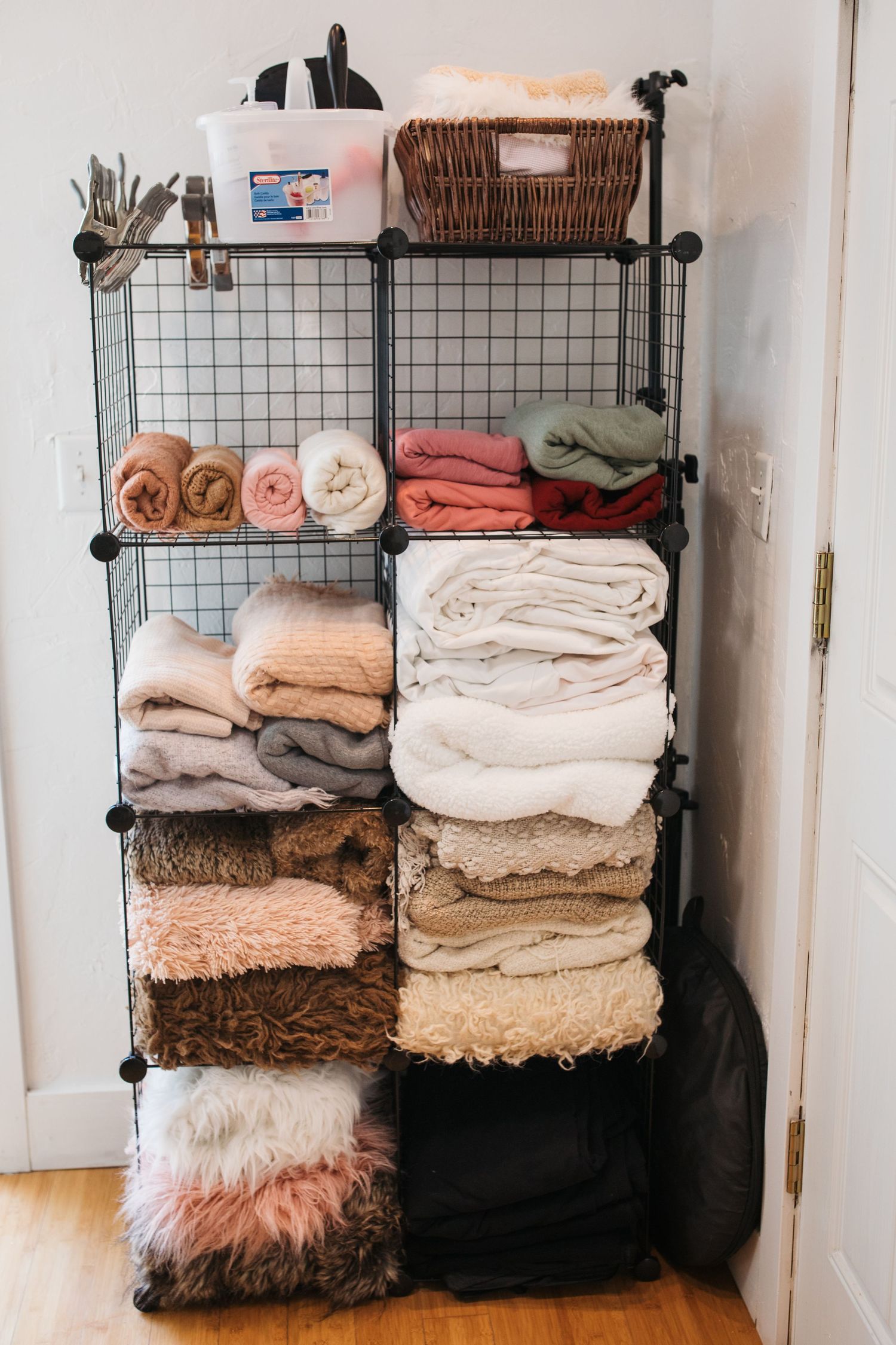 Newborn wraps and blankets organized inside the Sara Elizabeth Photography studio in Nampa.