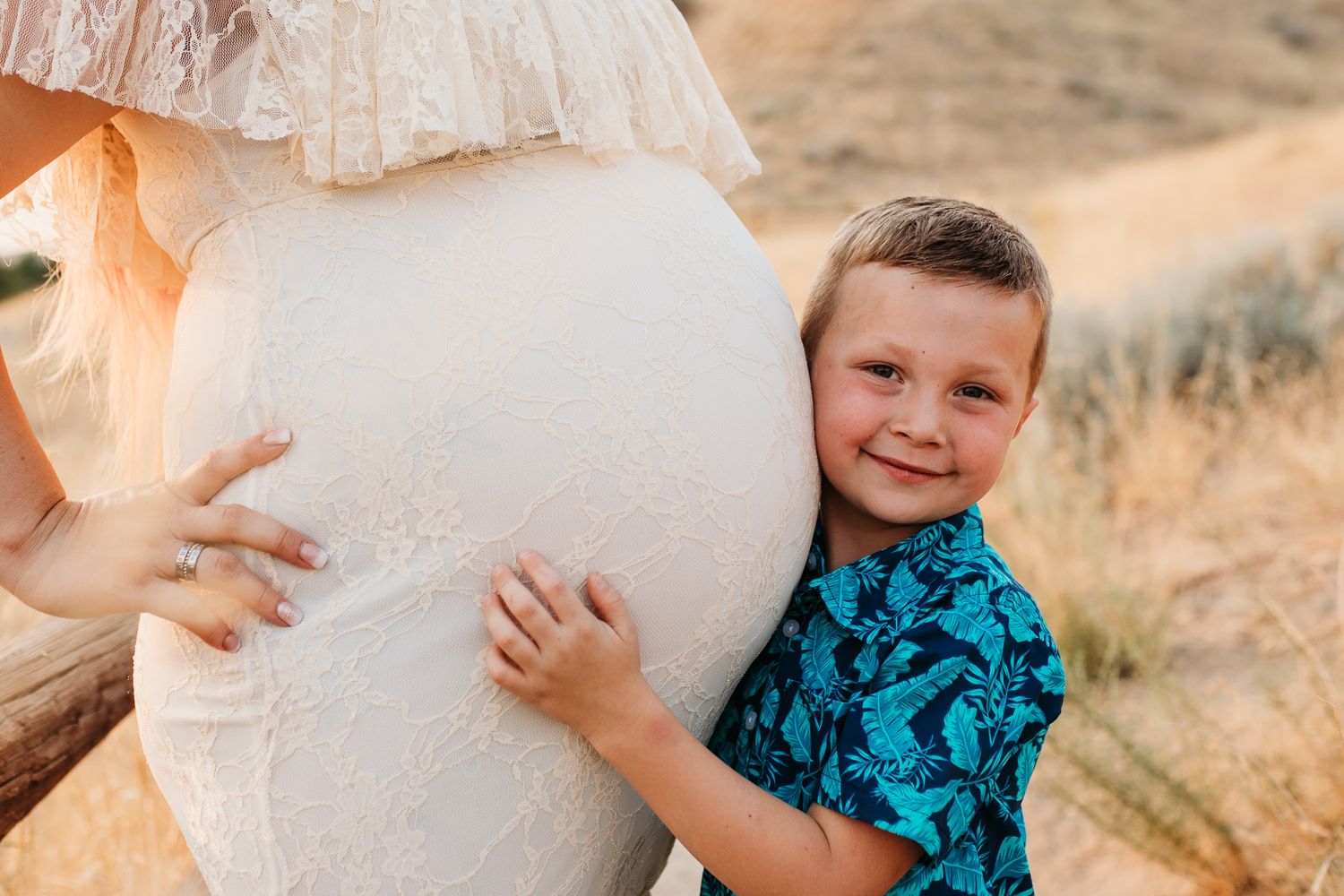 A collection of maternity photos showing a pregnant woman in a white dress against a sunset backdrop - Maternity session in Boise, Idaho