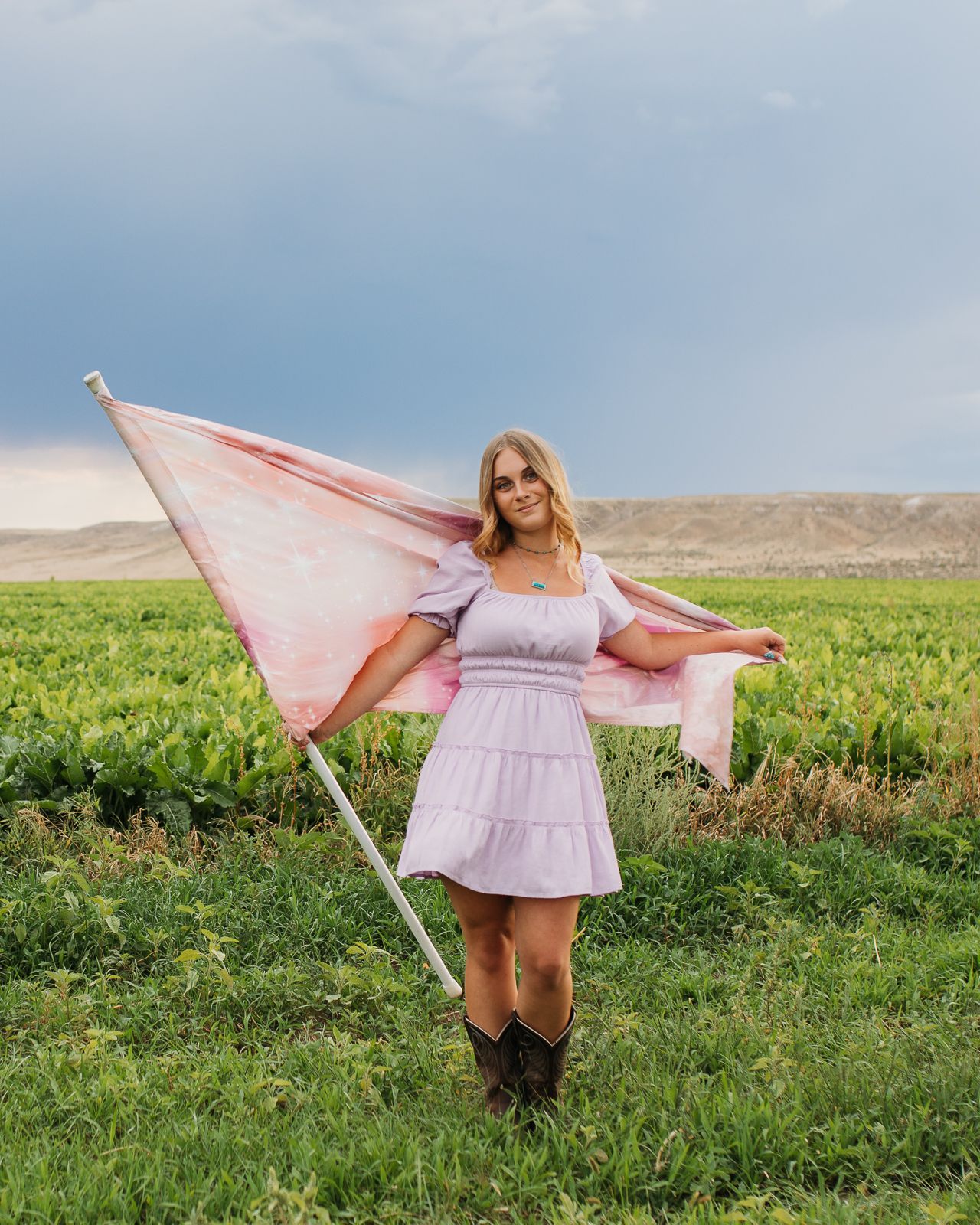 A girl stands in a grassy field holding a pink Color Guard flag against a cloudy sky and desert landscape in the background - Senior photos
