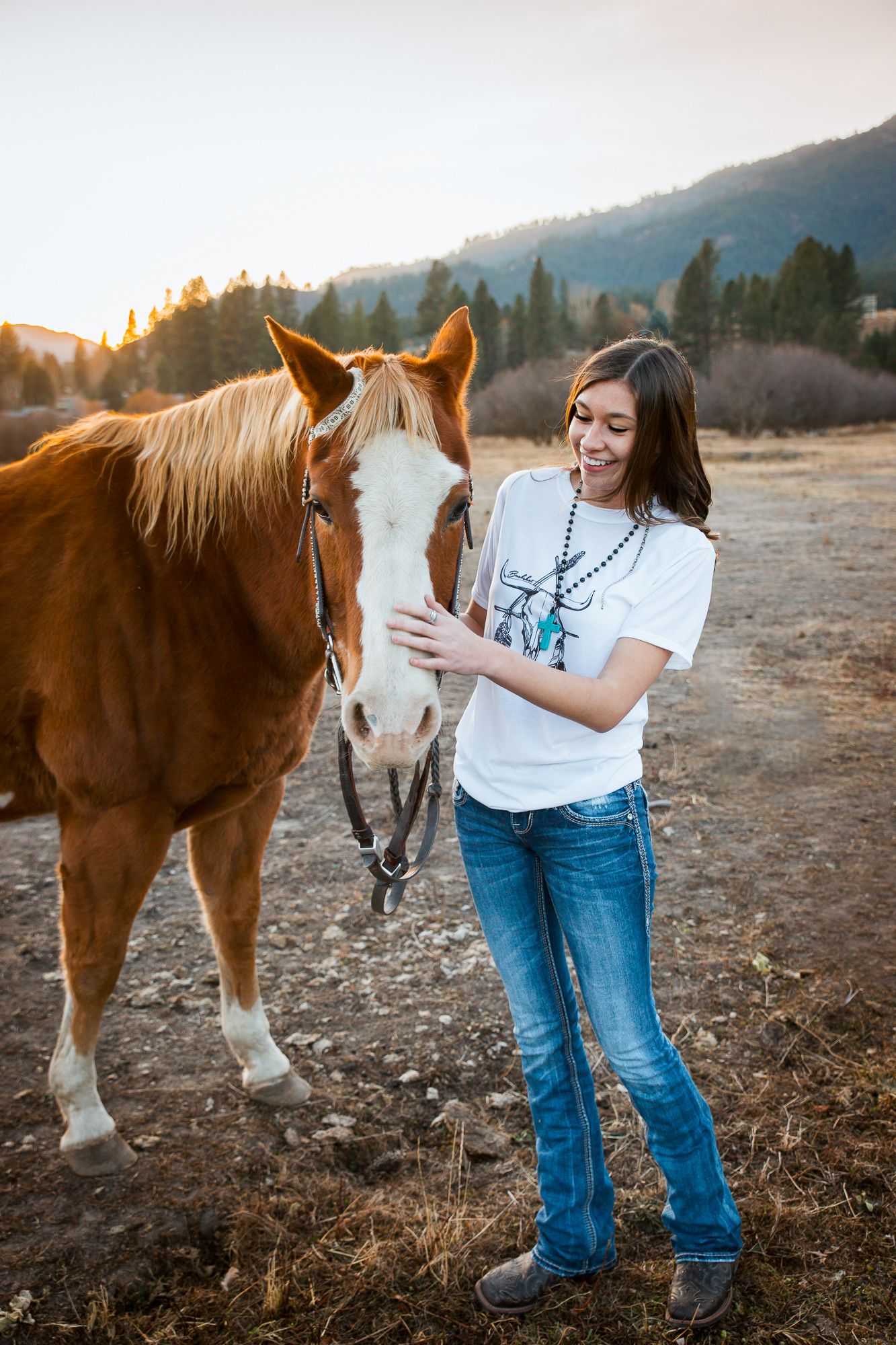 A chestnut horse stands in a field at sunset while someone pets its neck - Senior photos Nampa Idaho