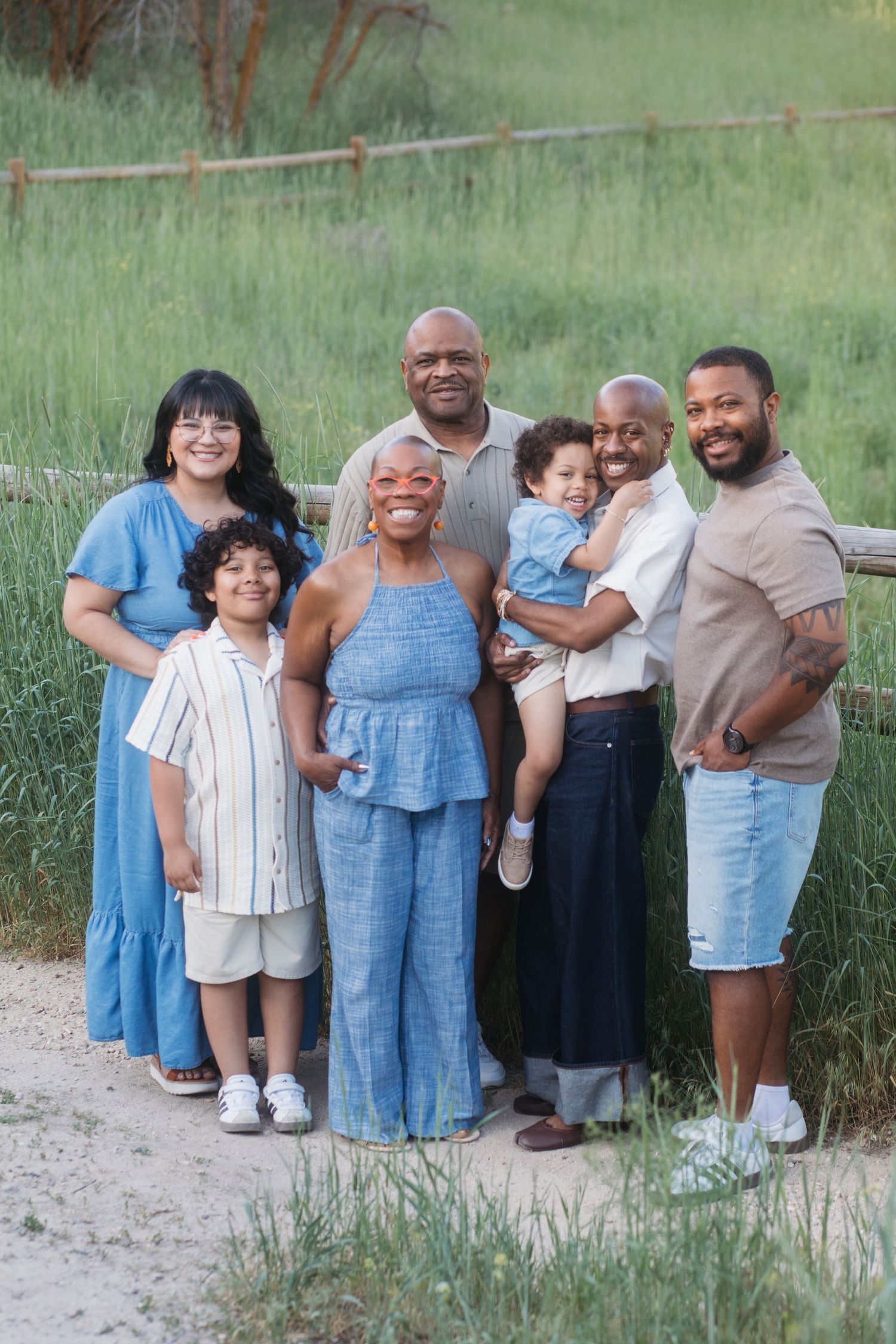 Extended family gathered together at Camel’s Back Park in Boise during a spring Mother’s Day photography session.