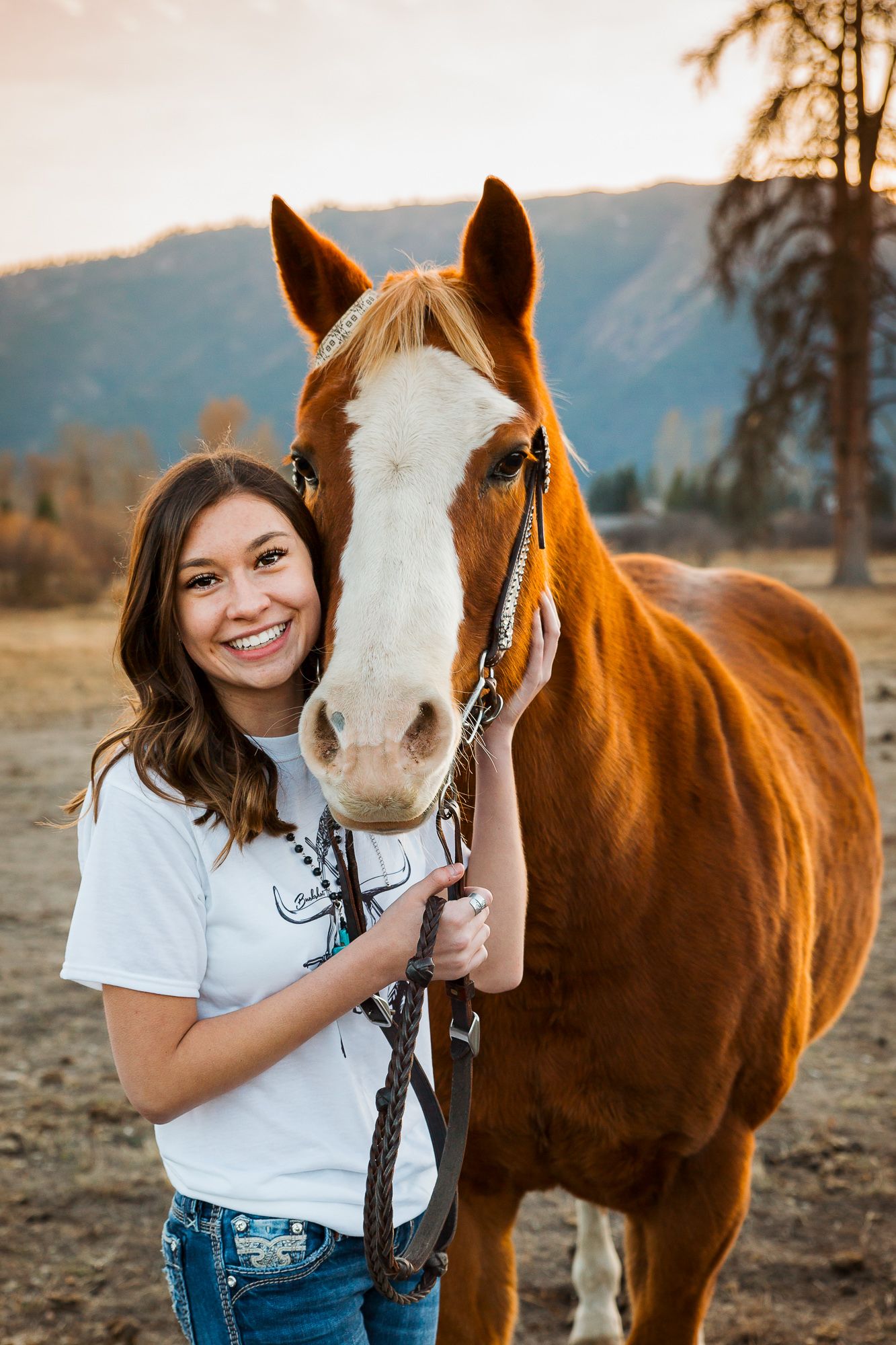 A beautiful chestnut horse and its companion share tender moments in a field with mountains in the background - Senior photos Boise Idaho