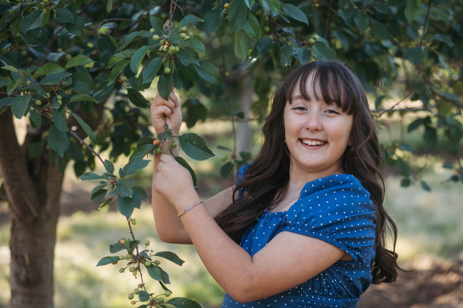 Girl holding cherry branches during a playful orchard family photo session in Boise.