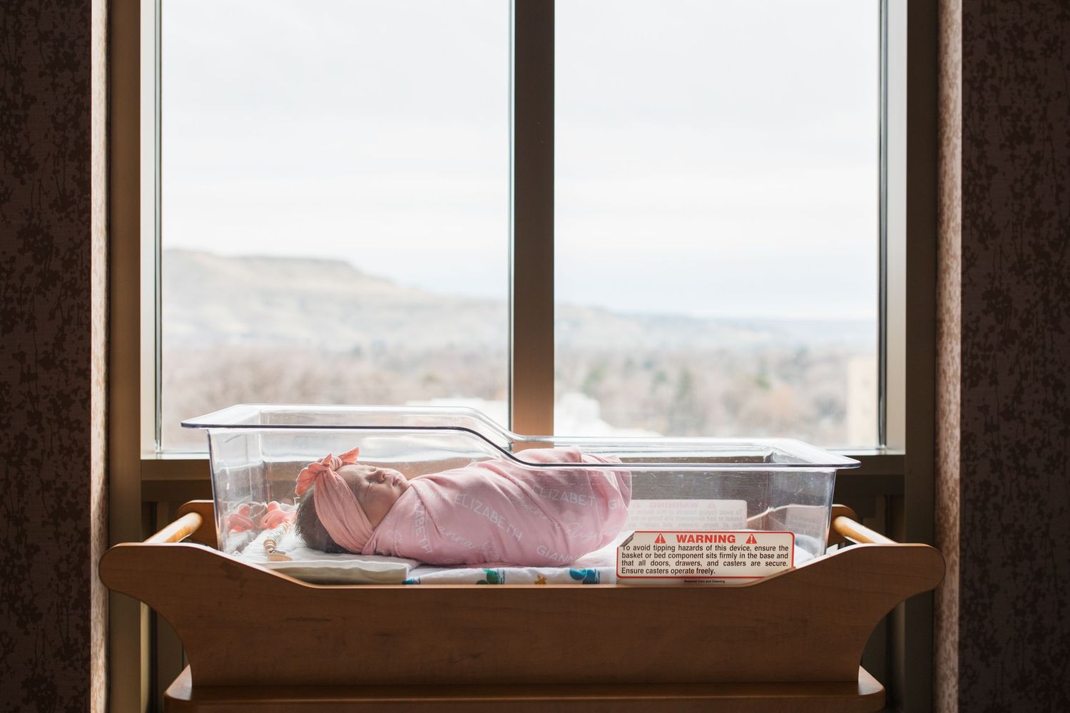 Newborn baby resting in a hospital bassinet by the window during a Fresh 48 session in Boise