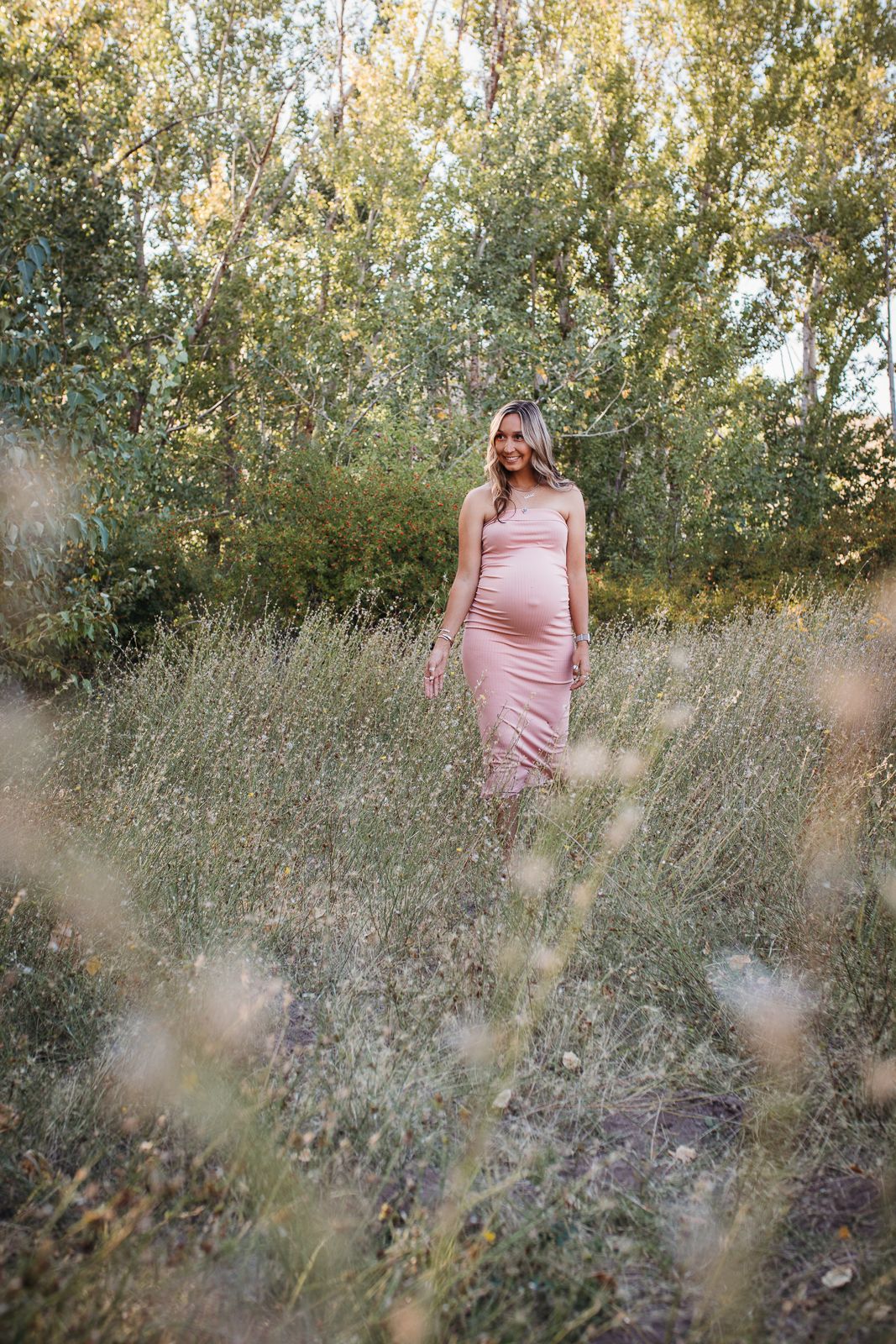A pregnant mom in a pink dress stands among tall wildflowers and grasses in a dreamy outdoor setting - Maternity session in Boise Idaho