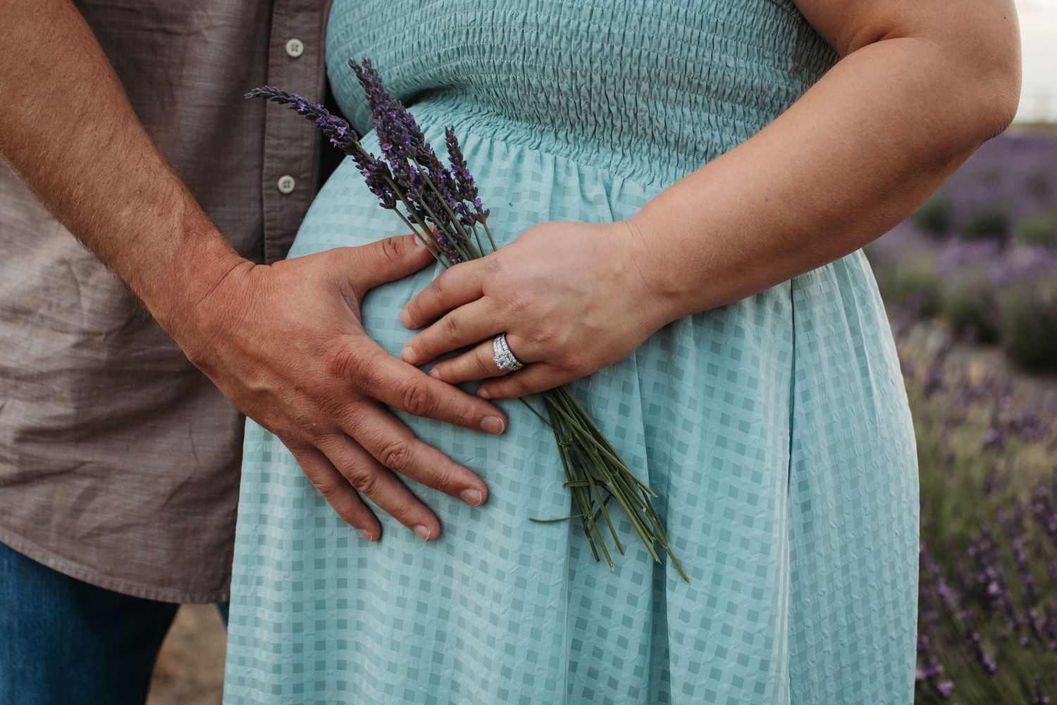 Close-up of expectant parents holding a baby bump with fresh lavender during a maternity session in an Idaho lavender field.
