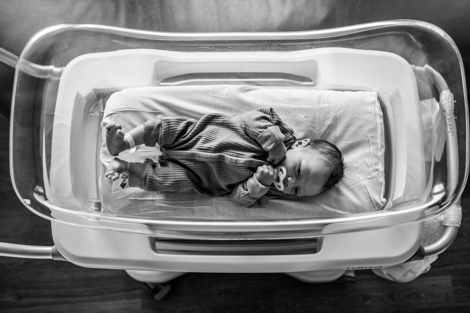 Union Hospital Terre Haute Professional Newborn Baby Photographer capturing baby peacefully lay in hospital bassinet during photo session