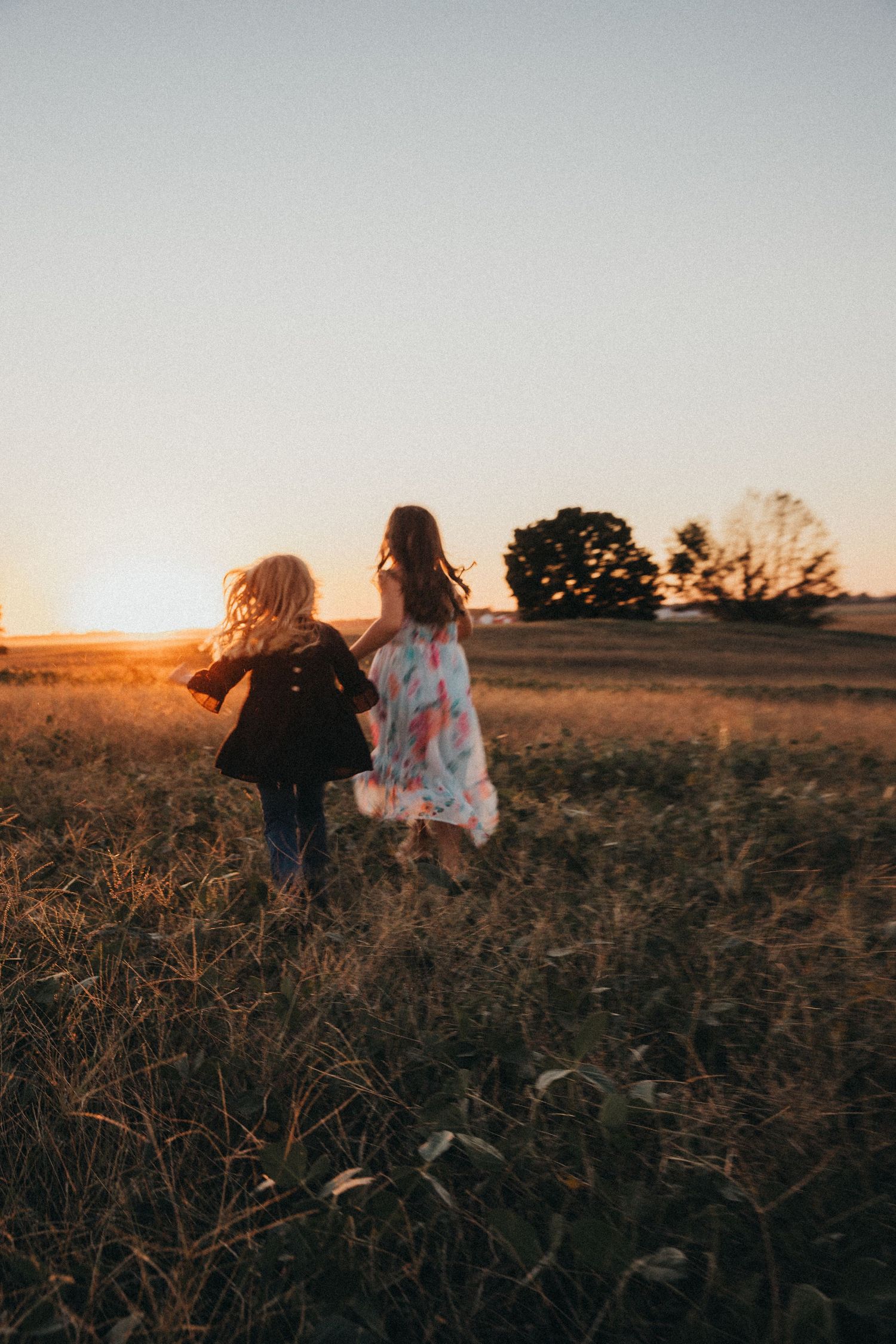 Two children run through a golden field at sunset with long grass and trees silhouetted against the glowing sky.