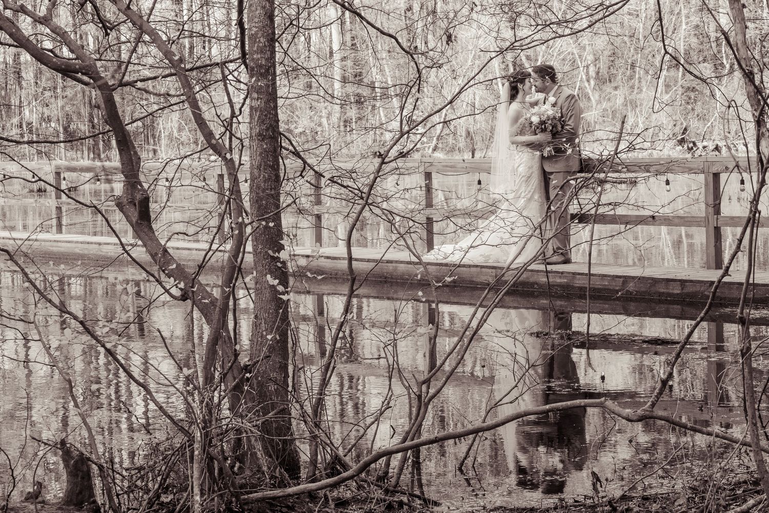 Bride and groom share a romantic kiss on a wooden bridge surrounded by trees in a serene sepia-toned forest setting.