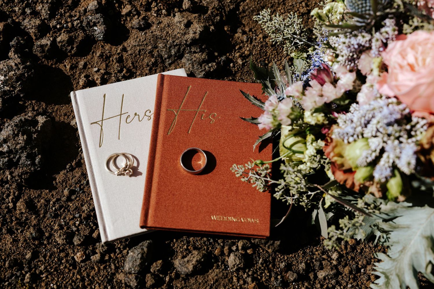 detail photos of vow books, wedding rings, and bouquet in iceland